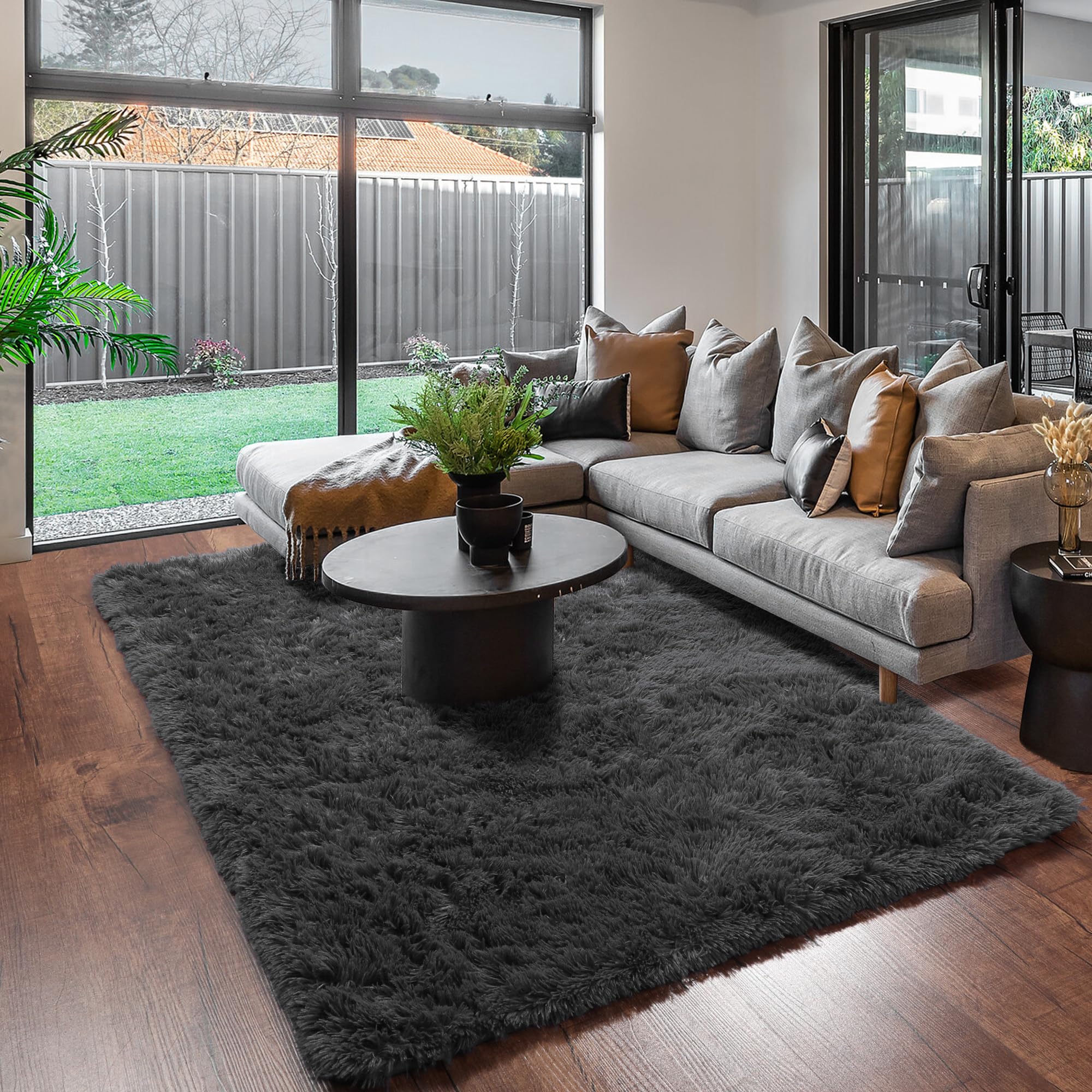 Amdrebio Dark Grey Area Rug for Bedroom, Fluffy Furry Rug for Living ...