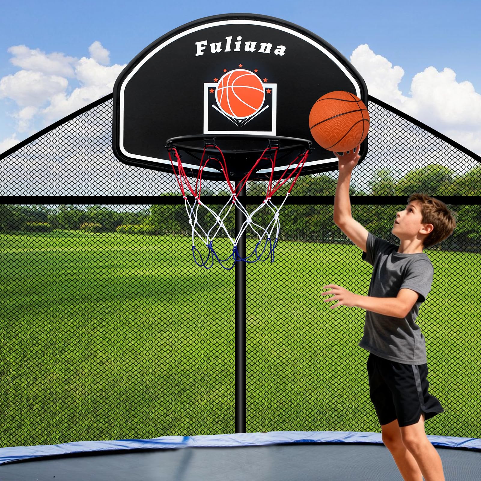 Bestsci Trampoline Basketball Hoop, Fits Diameter 25mm - 32mm Straight & Curved Pole Basketball Hoop for Trampoline, Universal Trampoline Basketball Hoop Attachment with Ball, Pump and Protective Net.