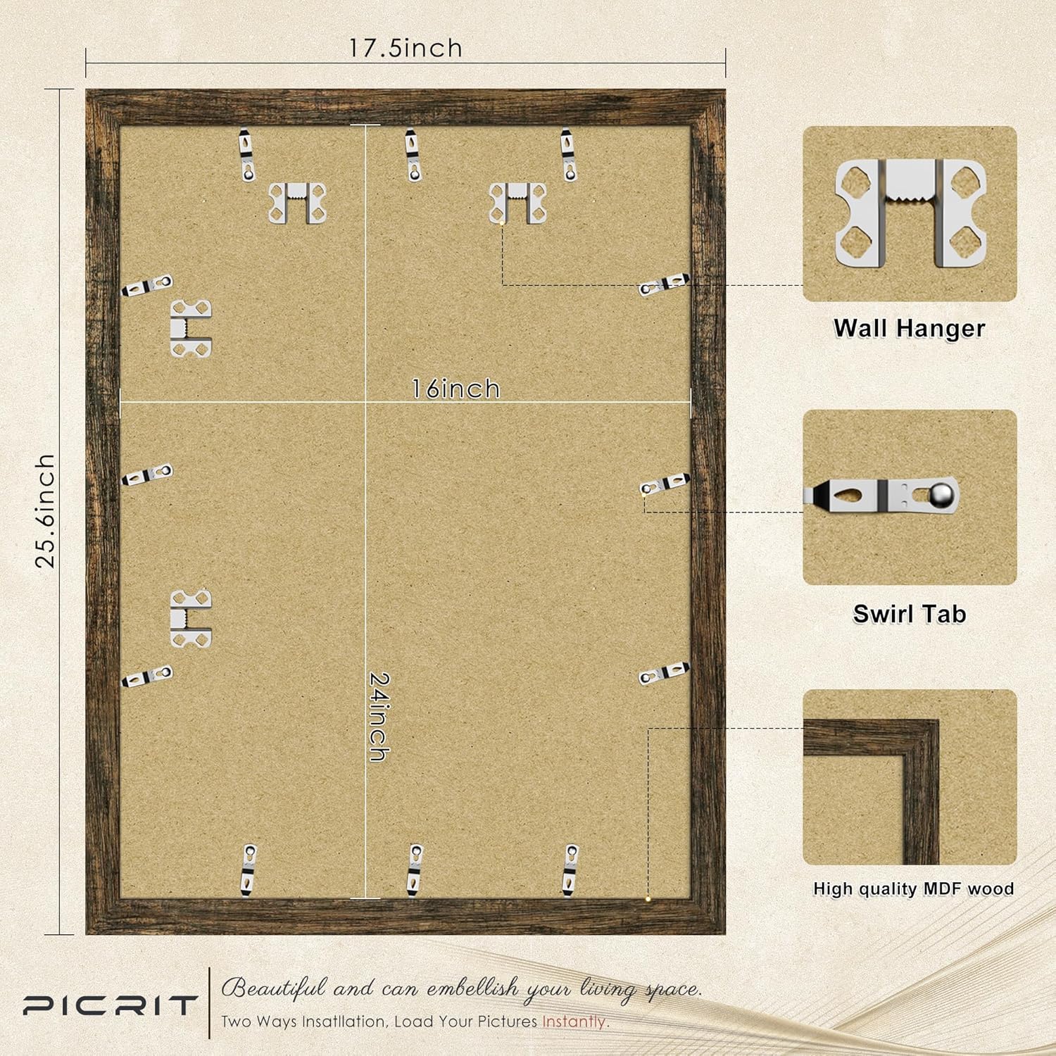 Picrit 16x24 Picture Frame 3 Pack, Brown Poster Frame, Display Poster 12 x 18 with Mat or 16 x 24 without Mat for Horizontal or Vertical Wall Mounting