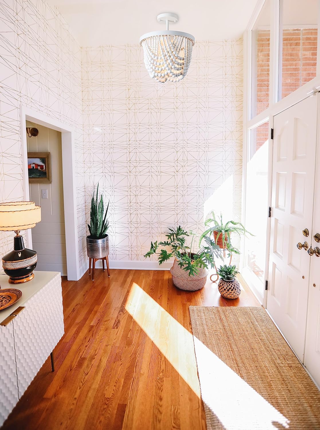 White Chandelier Small Wood Beaded Chandelier Lighting Farmhouse Semi Flush Mount Ceiling Light 3 Light Boho Light Fixtures Ceiling for Bedroom Nursery Living Room