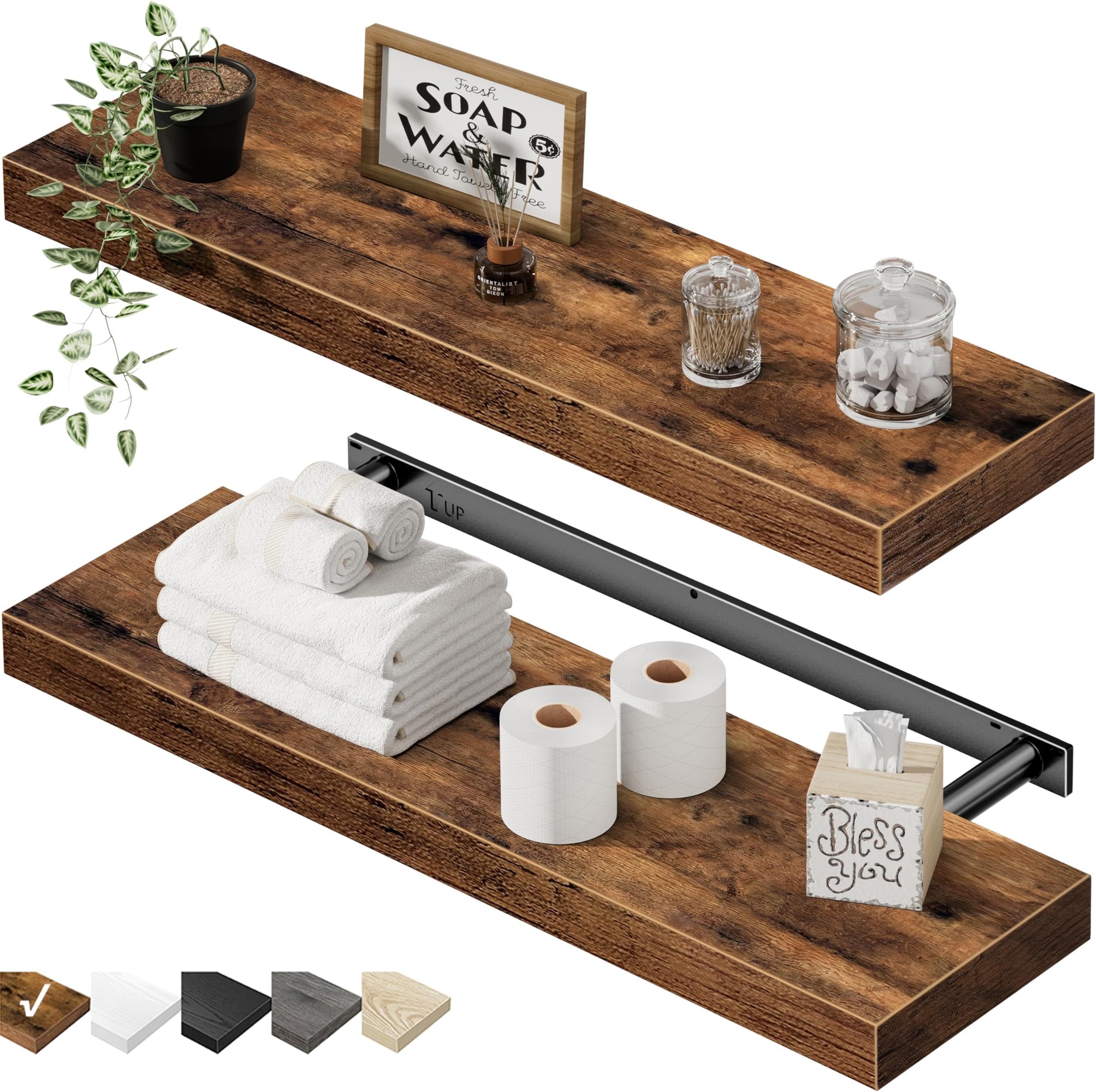QEEIG Floating Shelves for Wall 23.6" Long - Wall Mounted Shelf Bathroom Kitchen Living Room Bedroom Farmhouse Home Decor Display Bookshelf Large 23.6 x 9.3 inch Set of 2, Rustic Brown (008-60BN)