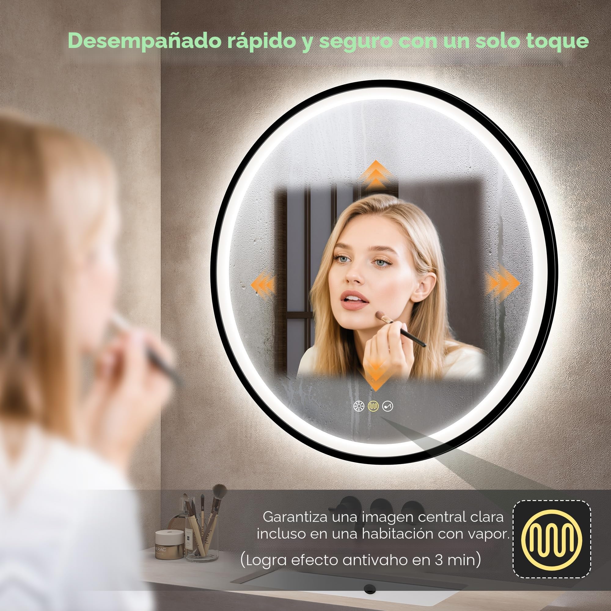 S'bagno Redondo-Espejo-Baño-con-Luz 80CM, Espejo-Baño-LED-con-Bluetooth, Antivaho, 3 Colores de Luces, Regulable, Memoria Luz, IP44, Vidrio Templado, Marco Hierro Negro