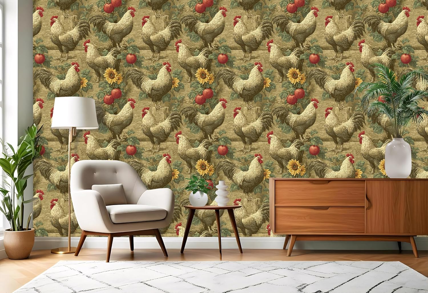 Vintage Farmhouse Rooster Peel and Stick Wallpaper, Rustic Country Self-Adhesive Vinyl Wallpaper for Home Decor – Sunflower & Apple Pattern, 17.7" x 236"