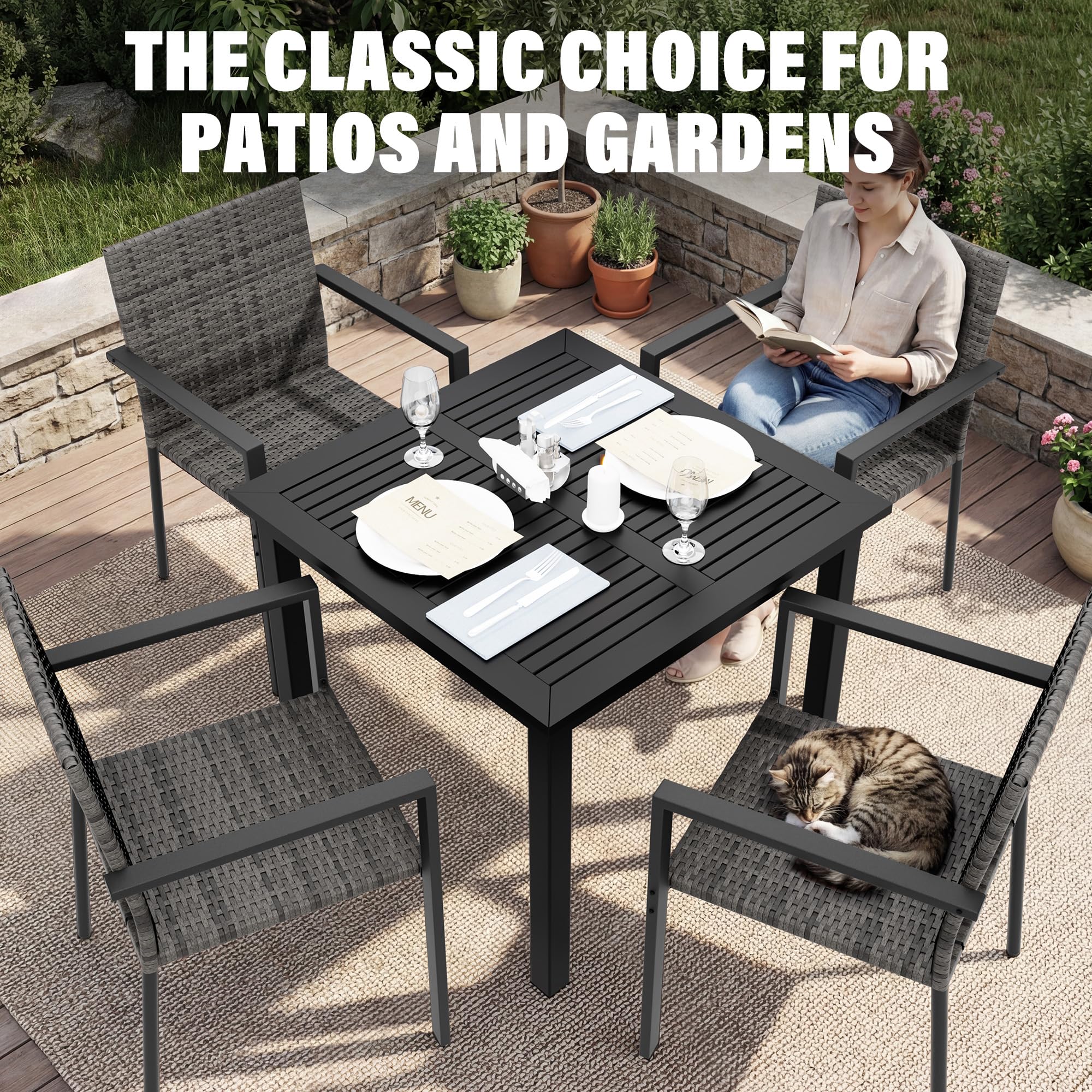 UDPATIO Gartenstühle Stapelbar 4er Set, Gartenstuhl Hochlehner aus Polyrattan, Rattan Stühle, Stapelstühle Wetterfest, Balkonstuhl Metall, Terrassenstühle für Garten, Outdoor, Grau