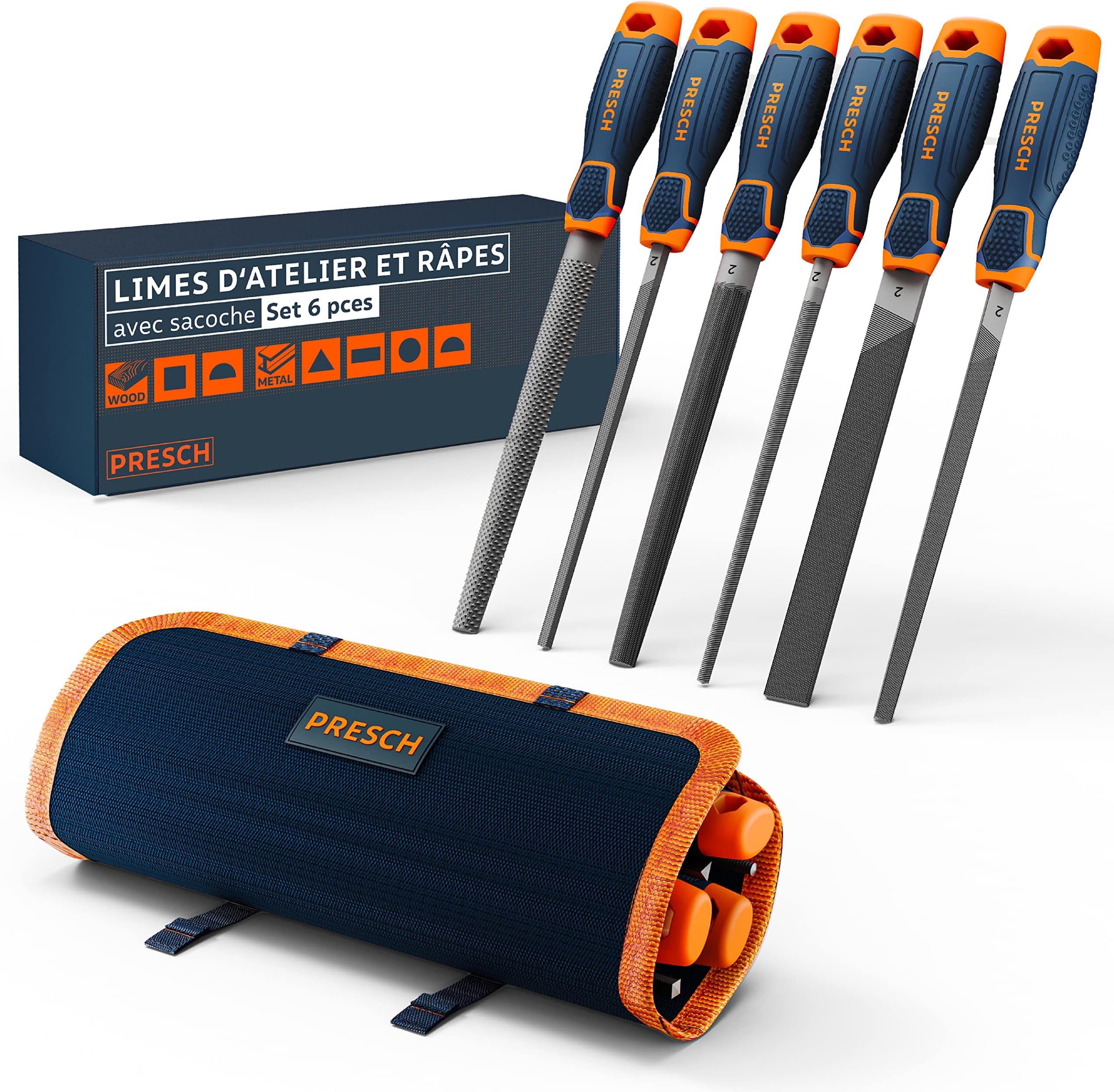 6 Piece Metal and Wood File Set with Bag - File Set with Half Round Rasp and Flat End Files Half Round Files Round Files Triangle Files and Square Files