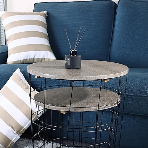 Miniatura 5 de Mesa auxiliar de mesa anidable, base de cesta de alambre con tapas de madera, juego de 2, gris