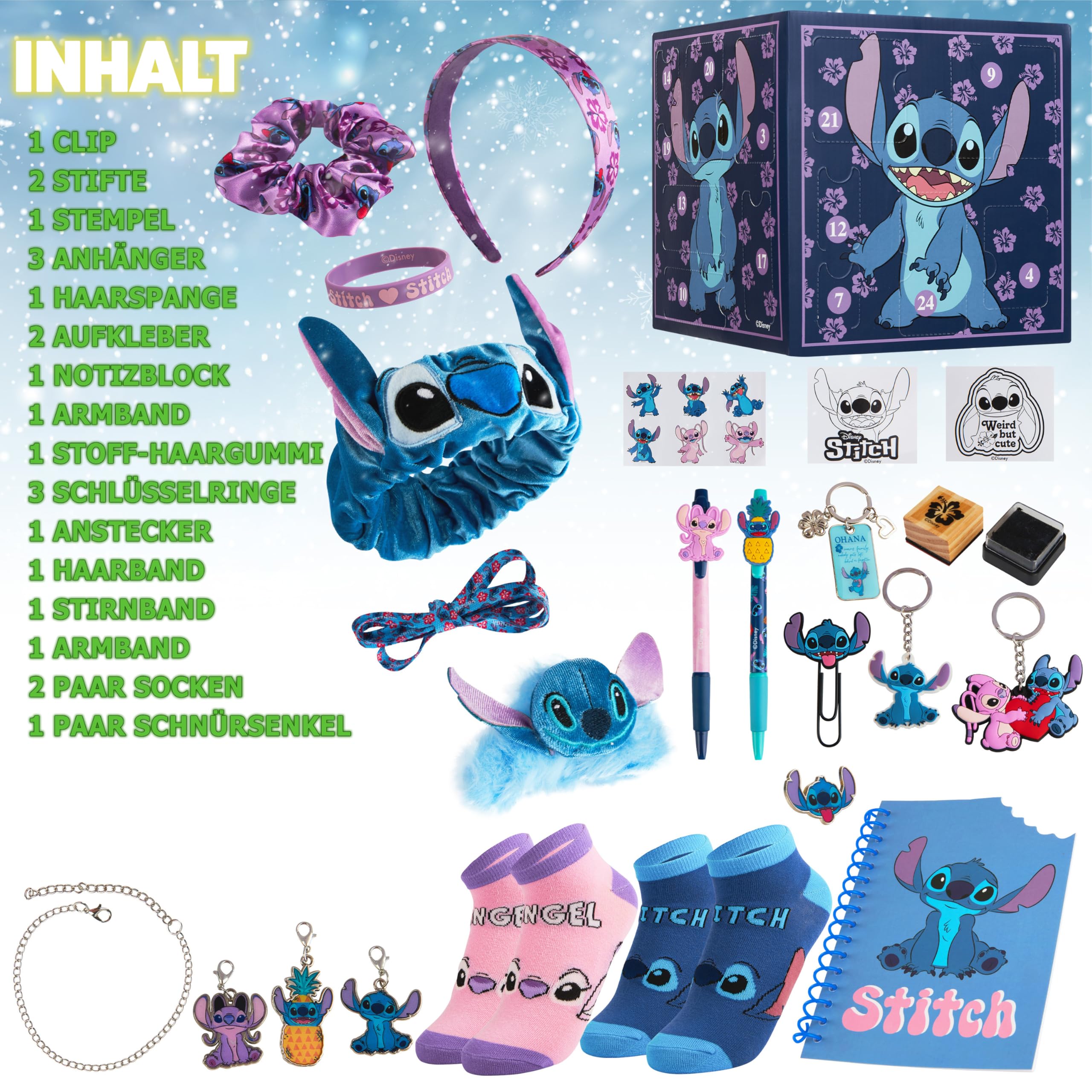 Disney Stitch Adventskalender 2025 Kinder Jugendliche Weihnachtskalender mit 24 Überraschungen Schreibwaren oder Haarschmuck Mädchen Geschenk Idee (Lila Stitch Würfel)