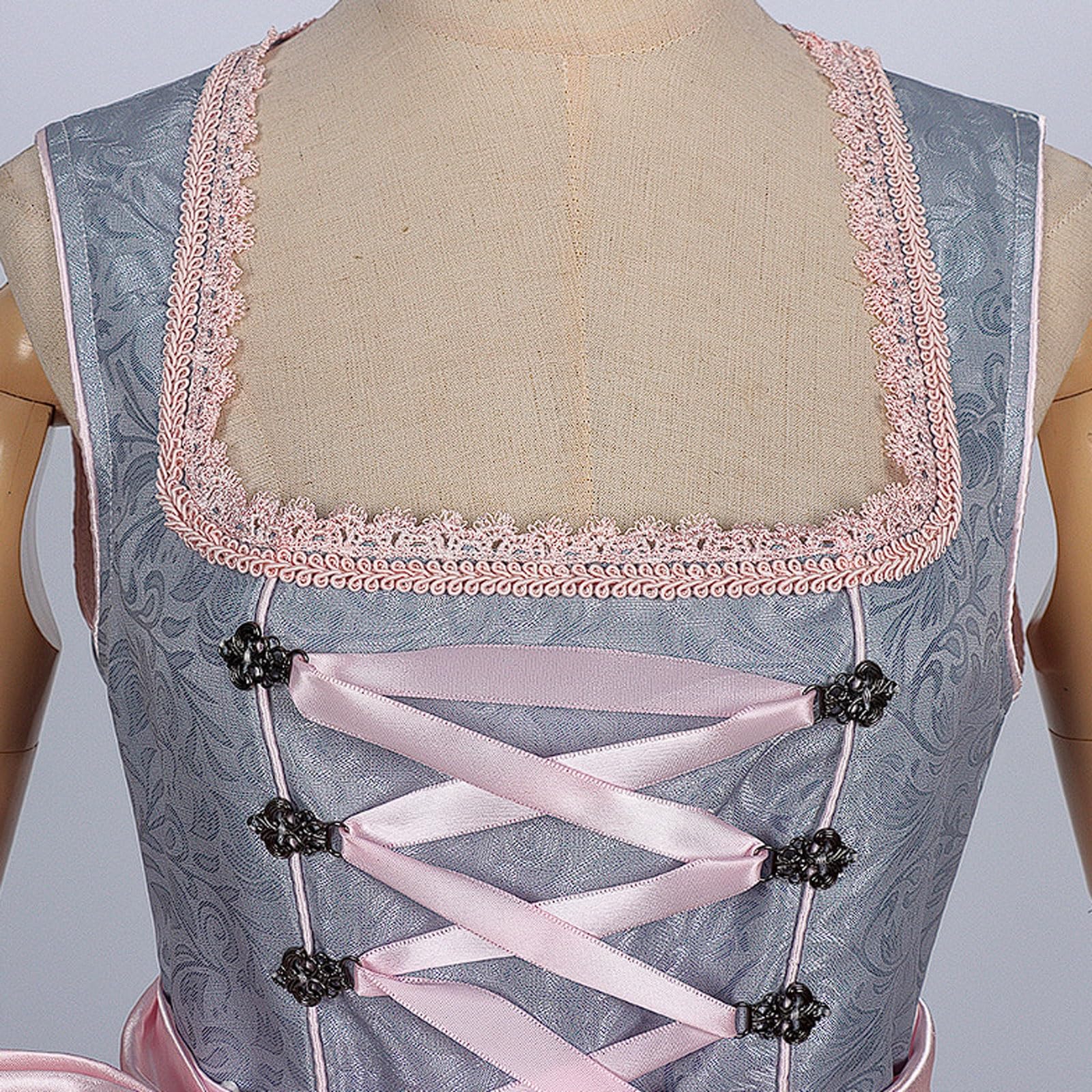 esmen Elegante Abito da Cameriera in Jacquard Scuro con Cerniera Laterale, Abito da Lavoro da Bar Grigio-Argento con Grembiule in Rete Rosa e Colletto in Pizzo