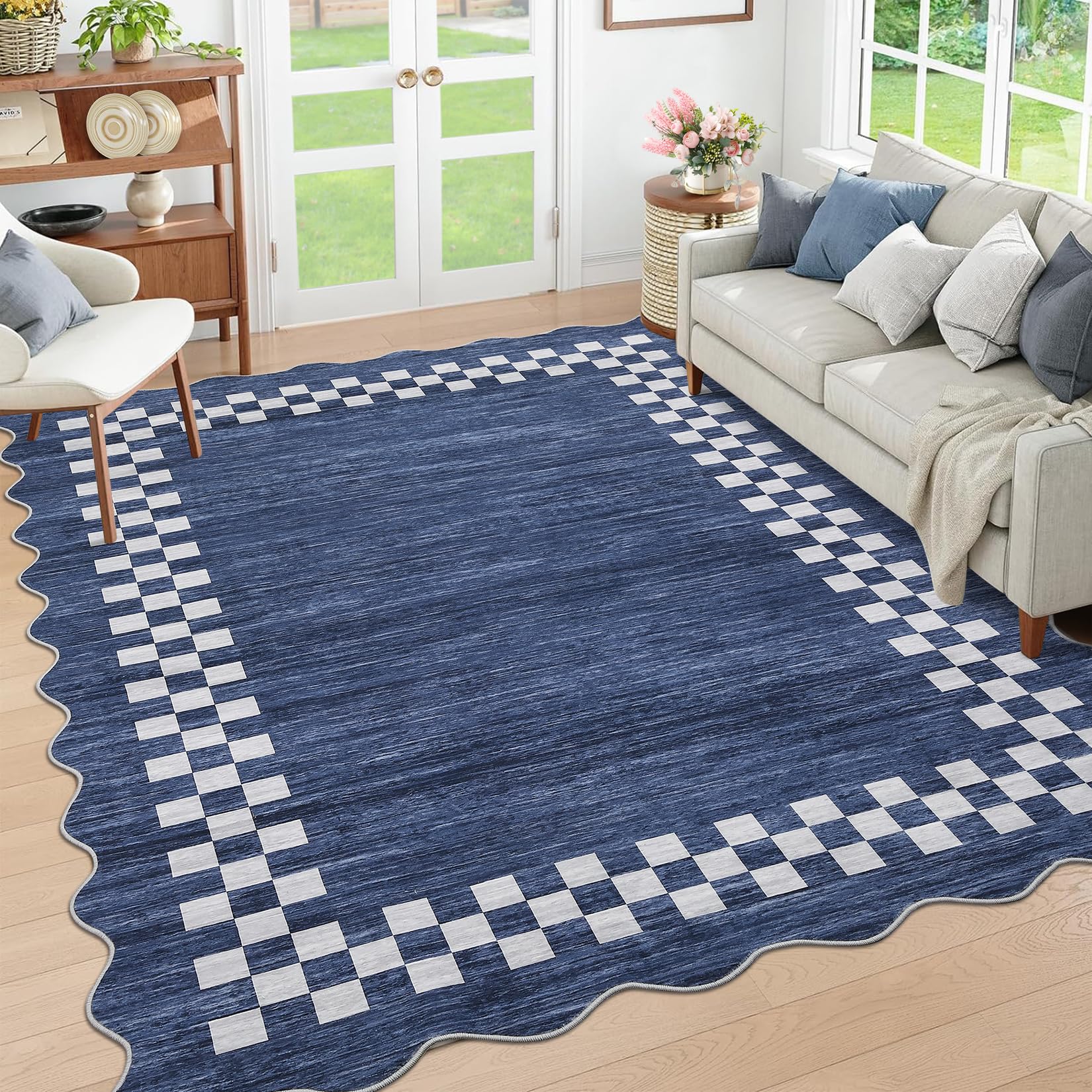 GarveeHome Area Rug 6x9 Large Living Room Modern Border Throw Rug with Rubber Backing Stain Resistant Dining Room Throw Carpet Washable Scalloped Rug