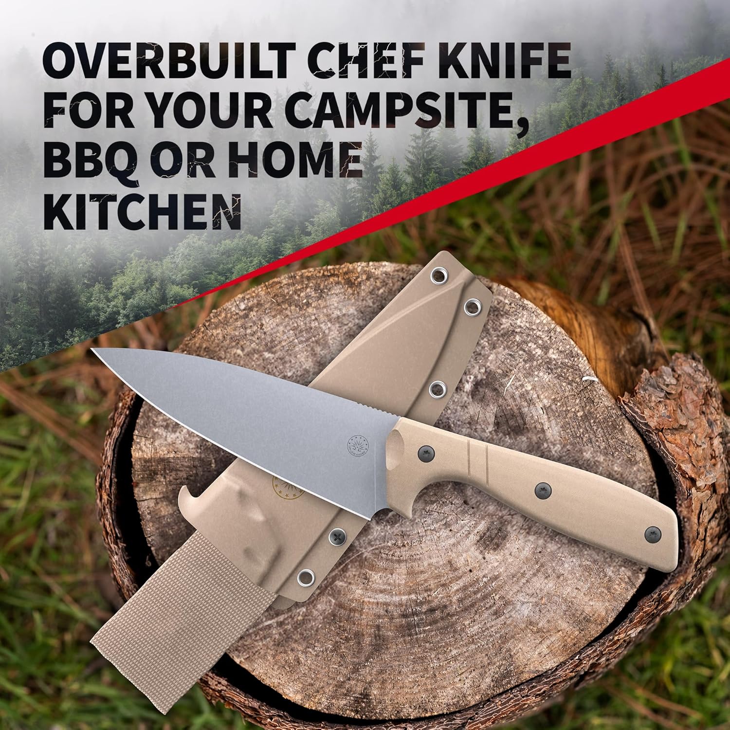 Off-Grid Knives - Sierra Chef Knife with Sandvik 14C28N Stainless Steel, Kydex Sheath and Belt Clip, G10 Scales, Camping, BBQ & Home Kitchen Use (Coyote)