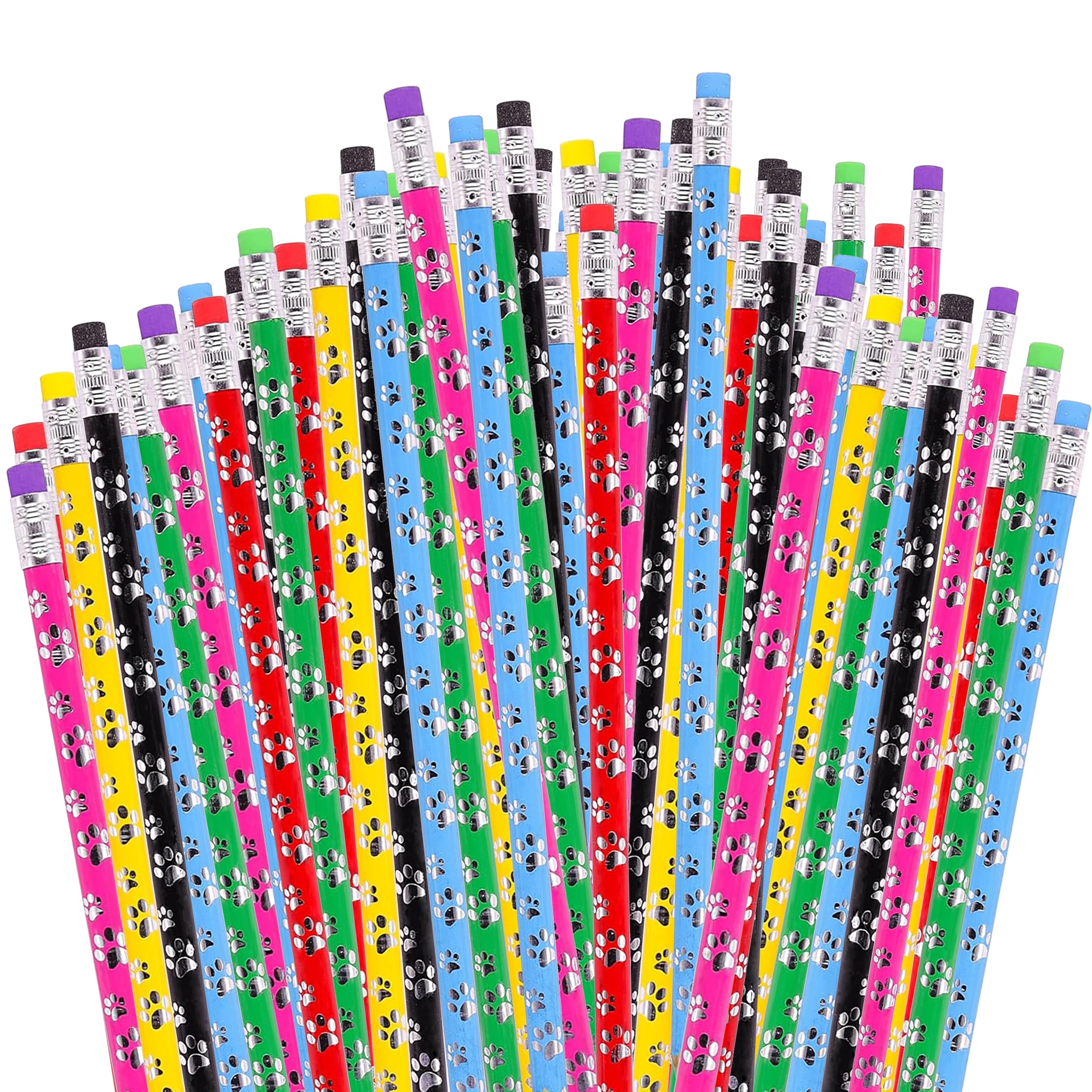 Srenta 48 pcs Paw Print Pencils for Kids, Colorful Assortment Pencils with Eraser, Perfect for Classroom Birthday Parties Gifts & Rewards