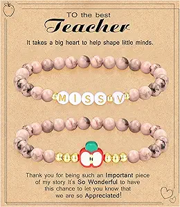 Teacher Appreciation Gifts for Women,Teacher Must Haves Initial Bracelet Mrs Miss End of Year Teacher Gifts Thank You for Helping Me Grow Music Math Science Teachers Bracelets Retirement 2 Set Jewelry