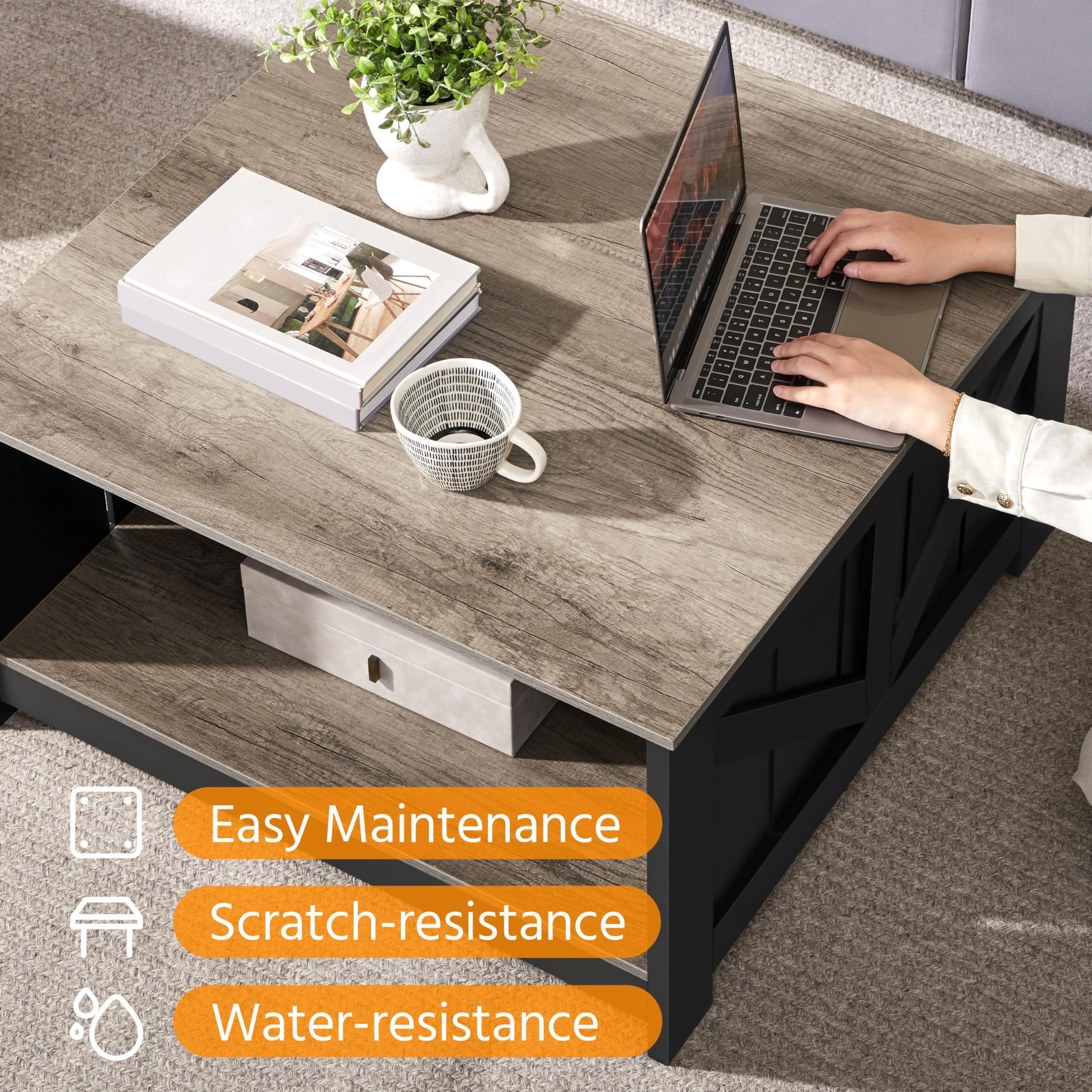 Yaheetech Mesa de Centro con Revistero Mesita Baja Sofá | Mesa de Café de Madera MDF para Salón Sala de Estar Negro Gray 80×80×45 cm
