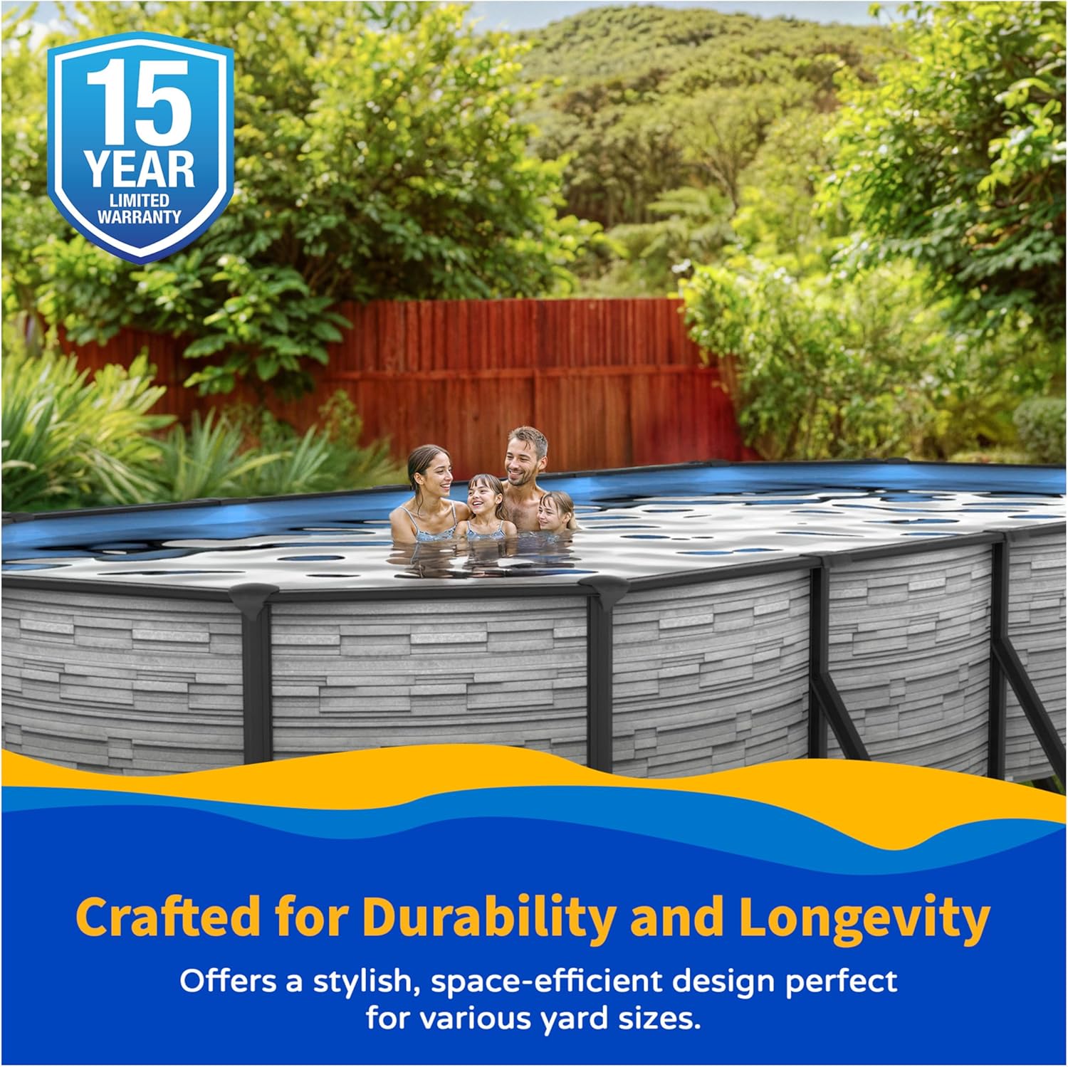 Image showing a 15-YEAR LIMITED WARRANTY badge over a family enjoying the pool, with text 'Crafted for Durability and Longevity'.