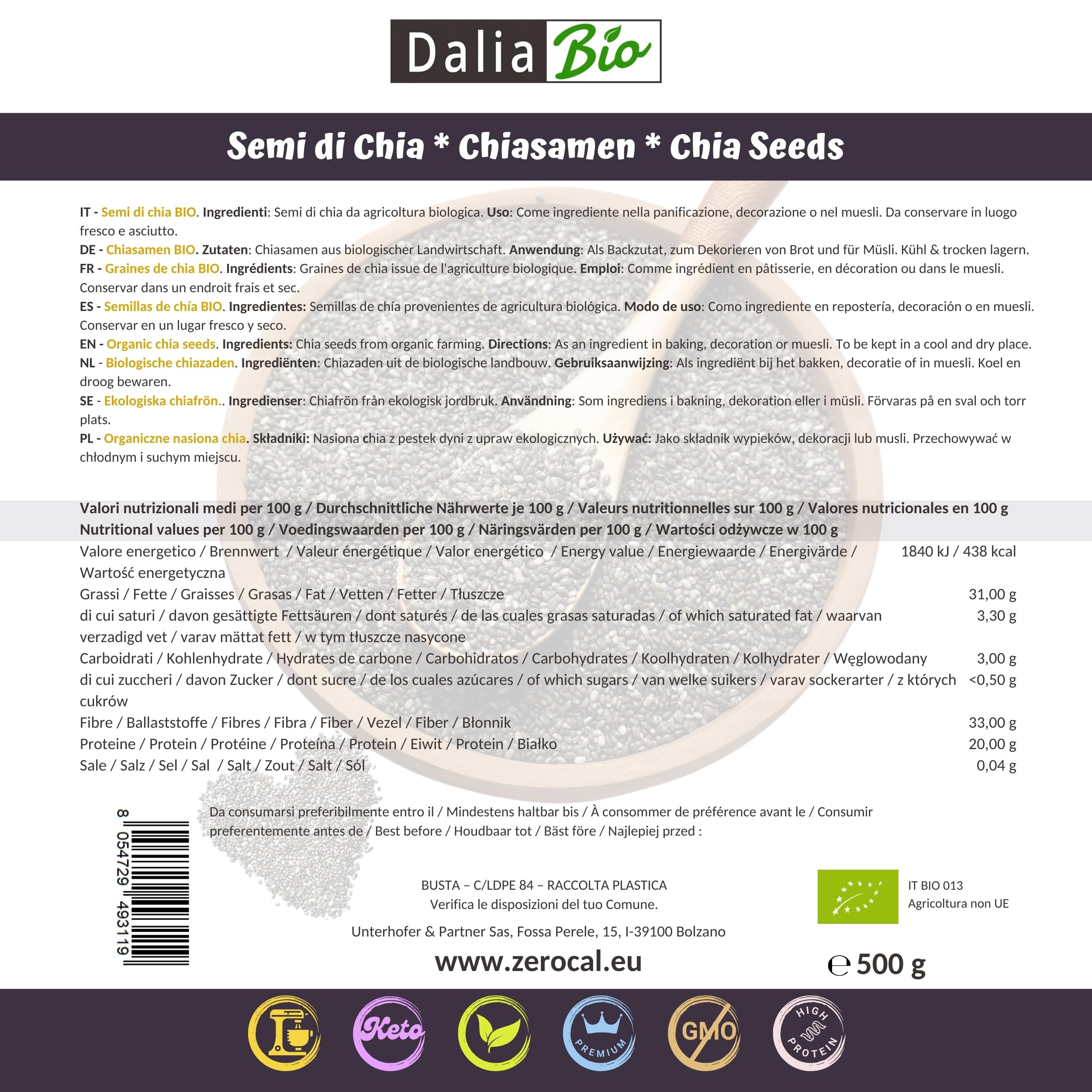 Semillas de Chía BIO 500g Salvia hispanica Orgánica Proteínas Omega 3 Vegano sin gluten