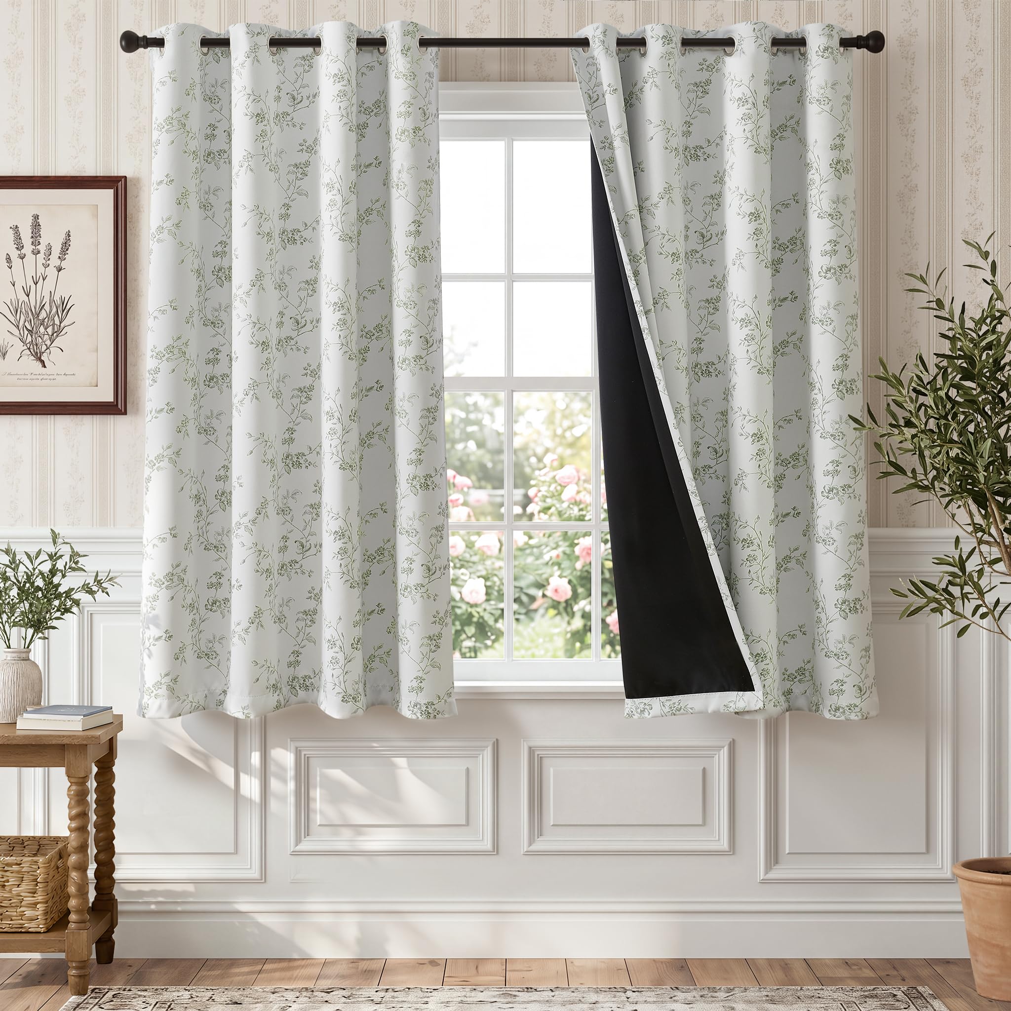 TOPICK Floral 100% Blackout Curtains for Bedroom Living Room W52xL63 Green