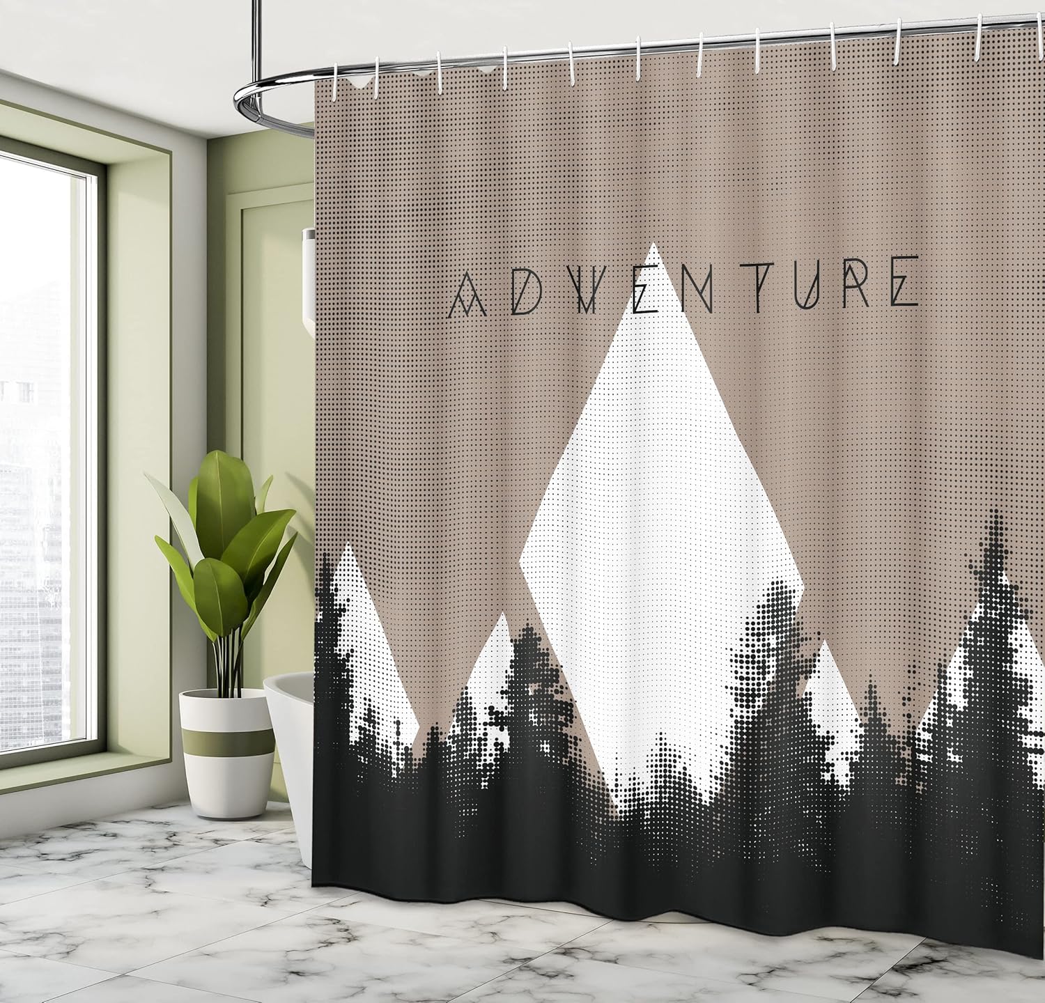 Ambesonne Adventure Shower Curtain, Forest Halftone Effect Hipster Typography Camping in Mountains, Cloth Fabric Bathroom Decor Set with Hooks, 69" W x 70" L, Soft Taupe