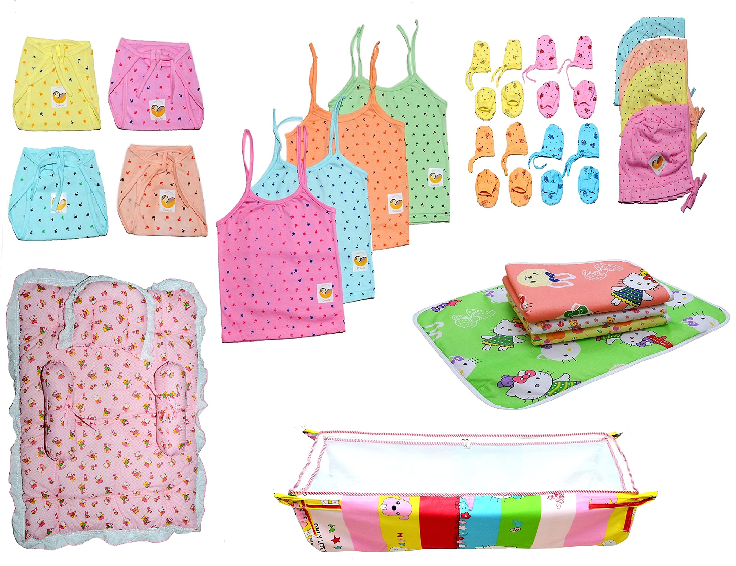 DAKULO� New Born Baby Care Cloth Set Combo Set of 04 Jhabla, 04 Nappy, 04 Mittens,04 Booties and 04 Caps Hosiery Material, Random Print (Multicolor)-image-39