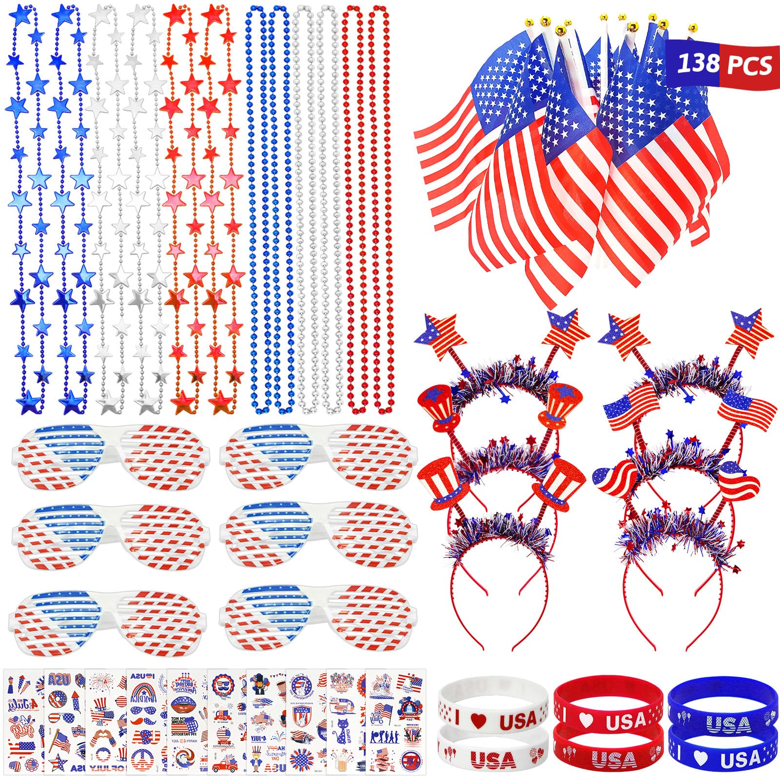 ZMCINER 4th of July Accessories Patriotic Party Favors for Independence Day Celebration, Patriotic Parade Include Small American flag, Shutter Shading Glasses, Necklace, Rubber Bracelets, Tattoos