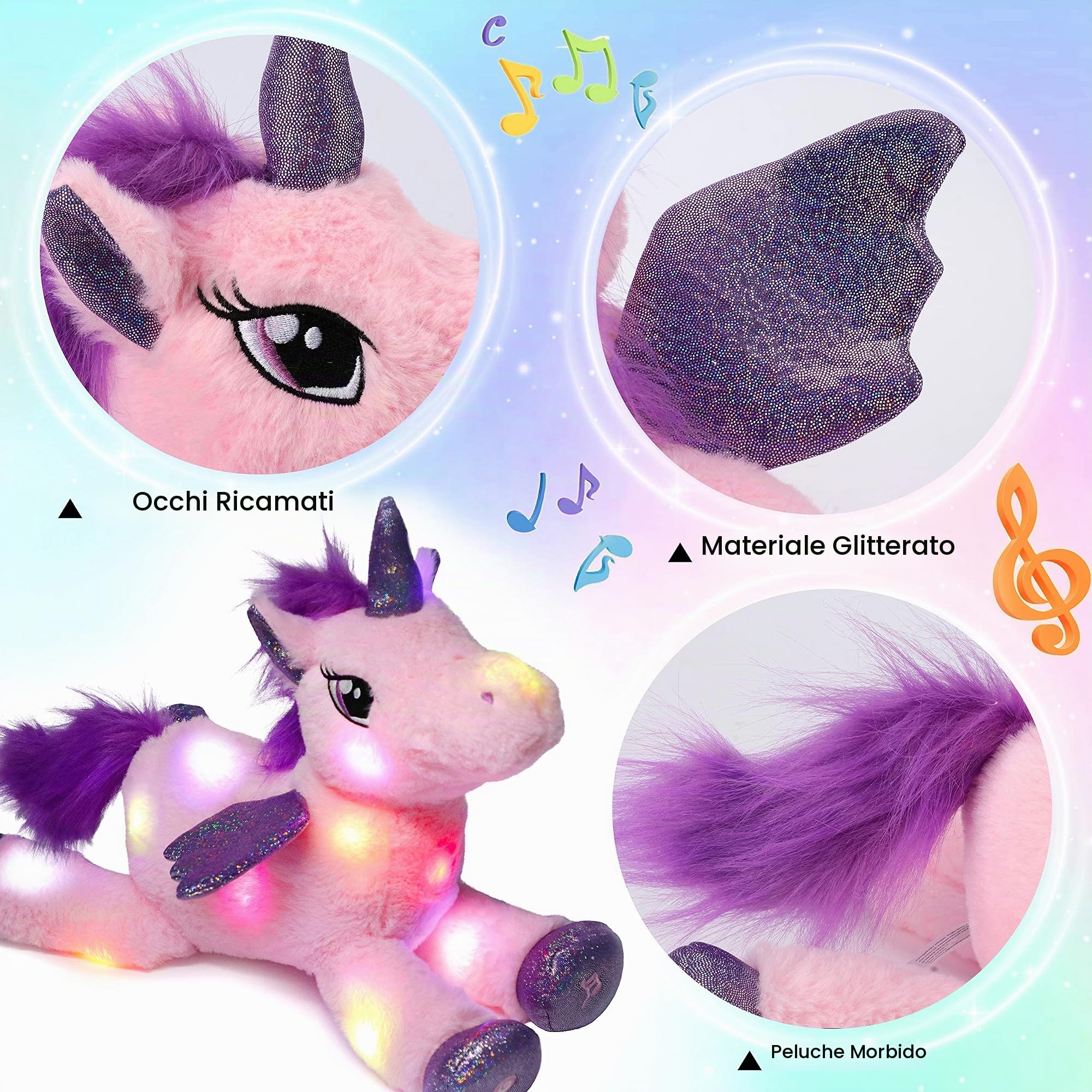 Hopearl Unicorno Peluche Musical LED con Luci e Canzoni, Peluche Illuminato con Volume Regolabile Ninna Nanna per Bambine, Rosa, 41 cm