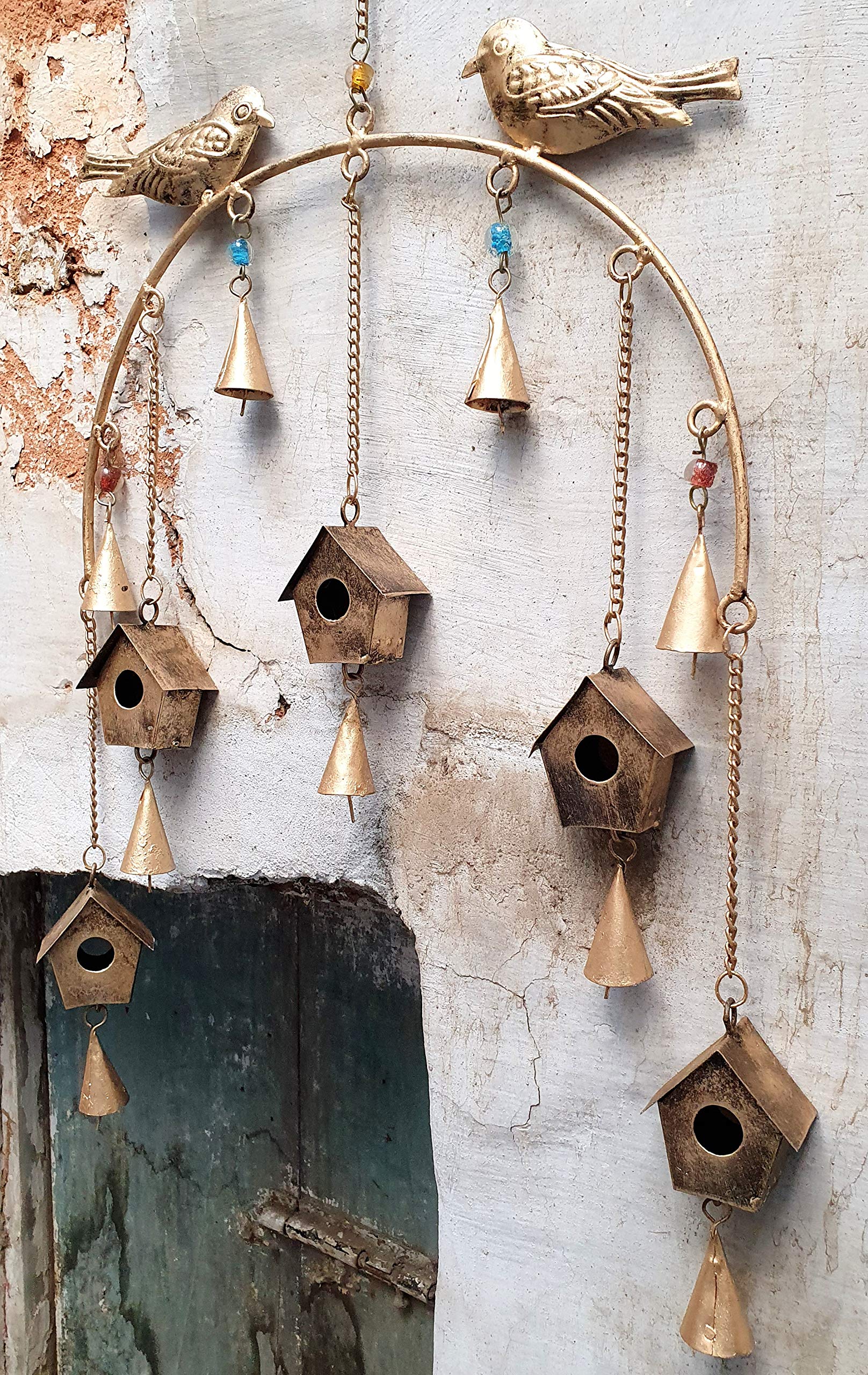HIGHBIX Hanging Metal Bird Hut Handmade Rustic Vintage Hangings Charming Bells with Jute Bag Wall Hanging Decor (65cm) - Image 6 thumbnail