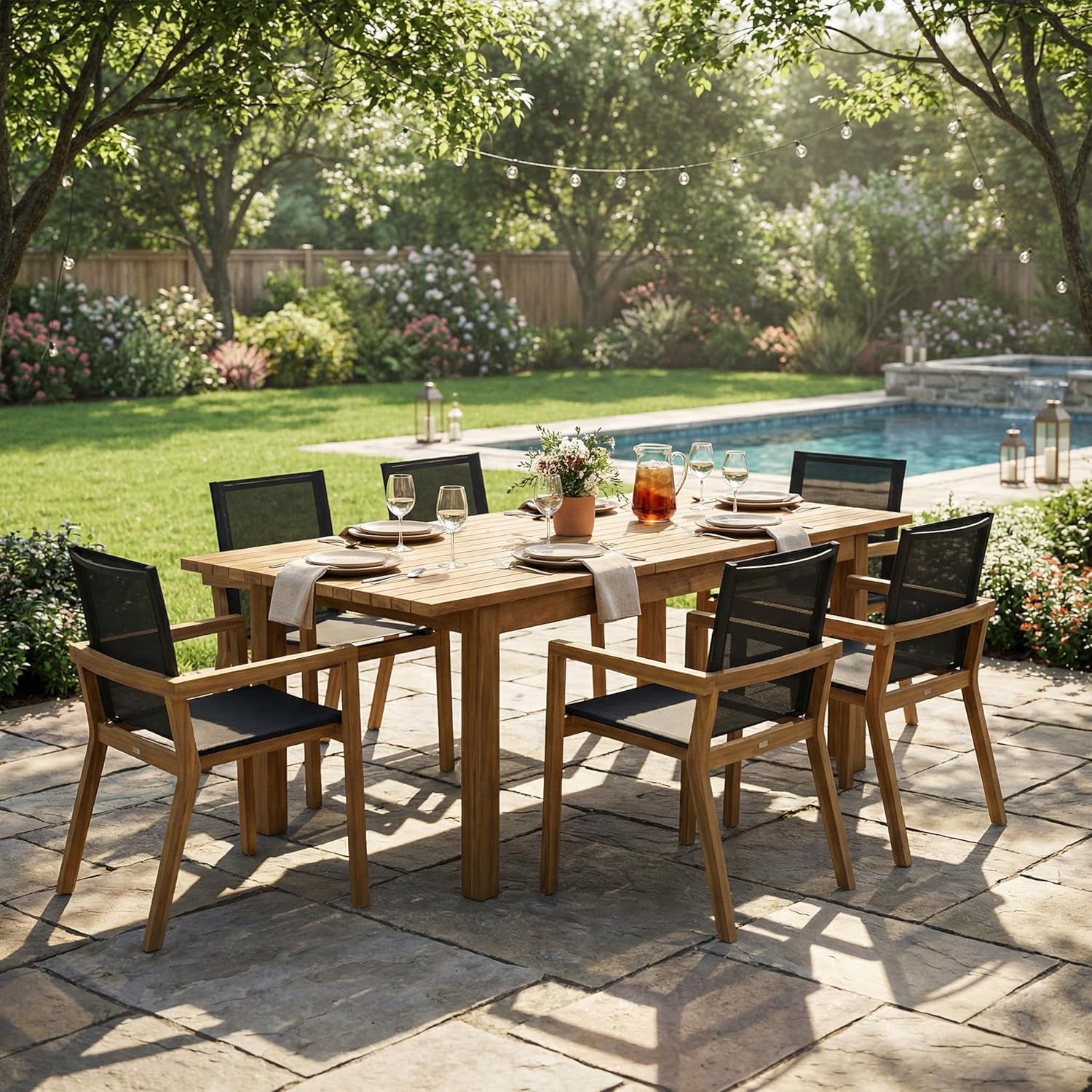 Acacia Wood Outdoor Dining Set with 6 Chairs and 1 Expandable Table, Modern Patio Furniture for Garden, Deck, Backyard, Poolside in Teak Finish, 7-Piece