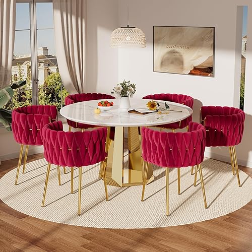 Miniatura 21 de Moderno juego de mesa redonda de comedor para 4, juego de mesa de comedor de mármol blanco de 5 piezas, mesa de comedor dorada de lujo y 4 sillas