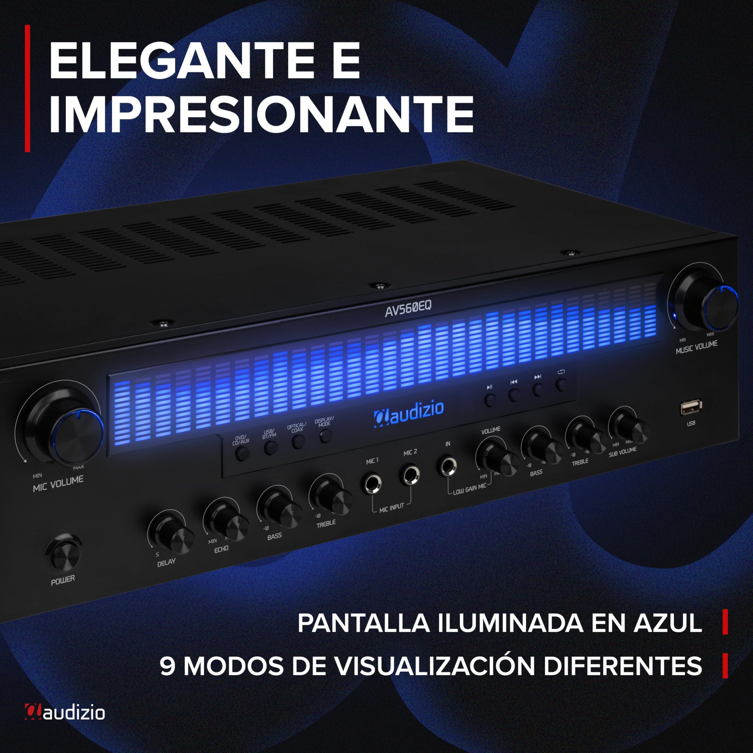 Audizio AV560EQ - Amplificador 5.1 con Bluetooth 5.0, USB, Radio FM, entradas óptica y coaxial, micrófonos con Eco y delay, 390W de Potencia Total, Mando a Distancia y diseño Elegante Negro