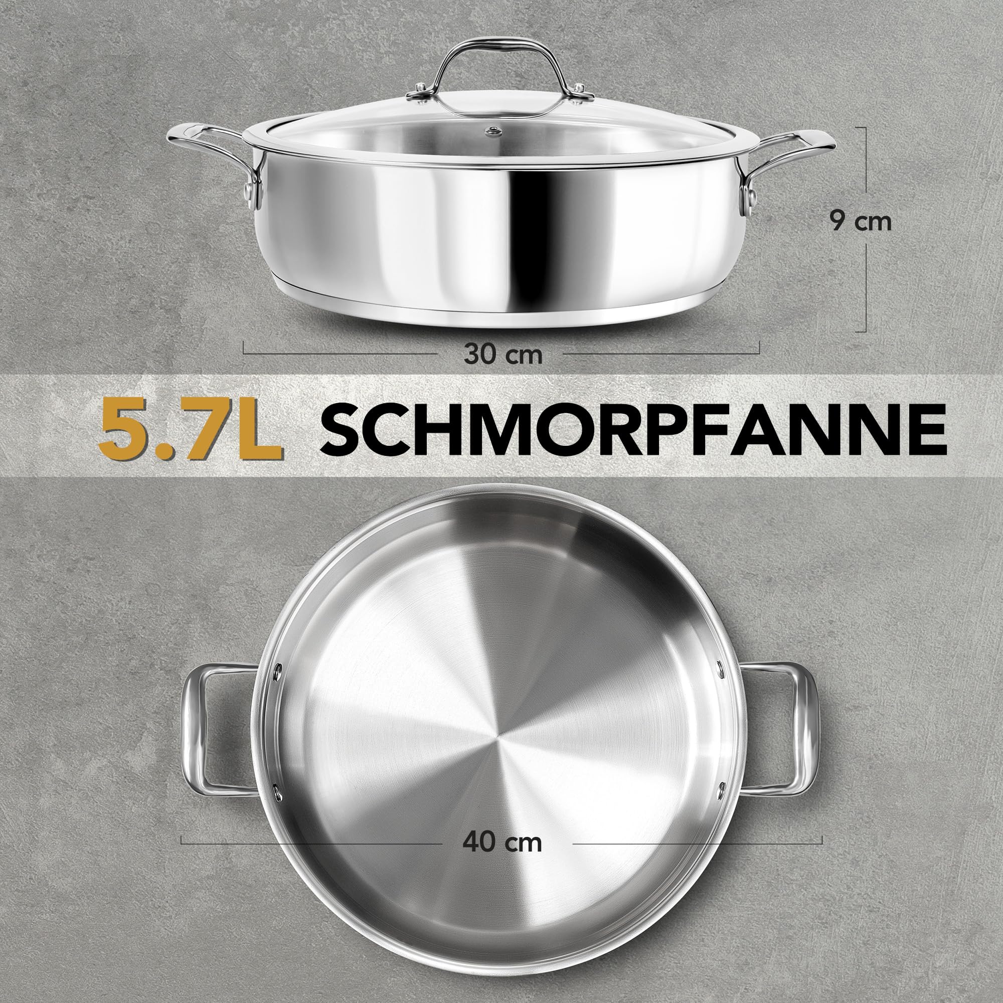 MICHELANGELO XL Schmorpfanne 30 cm mit Glasdeckel (5,7 Liter) - Unbeschichtete Edelstahl Bratpfanne PFAS-frei, Hohe Pfanne für Induktion & Backofen