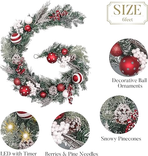 Miniatura 6 de Valery Madelyn Guirnalda de Navidad preiluminada de 6 pies con luces para manto, guirnalda de Navidad iluminada al aire libre con bolas rojas y