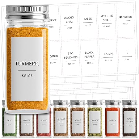 Talented Kitchen 140 Minimalist Spice Labels Set. Black Print on White Matte Backing, Water Resistant. Spice Jars Vinyl Organization Storage. Spice Rack Organization System (140 Fine Line Spice Label)