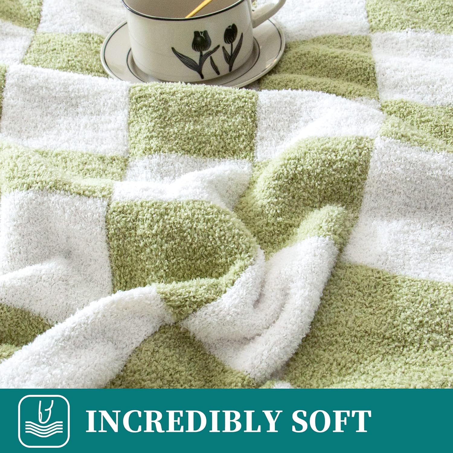 SeaRoomy Checkered Throw Blanket, Ultra Soft Cozy Microfiber Knit Throw Blanket, Warm Fluffy Reversible Checkerboard Blanket for Couch Bed Travel Picnic Room Decor(Sage Green, 60"×79") - Image 5