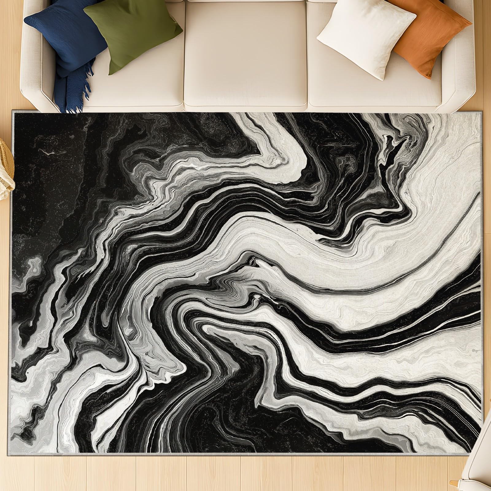 Generisch Dywan abstrakcyjny, płynny dywan, psychodeliczny, nowoczesny, łatwy w pielęgnacji, czarno-biały, marmurowy dywan i tylna strona TPR, 60 x 90 cm, do wejścia, mata pod drzwi