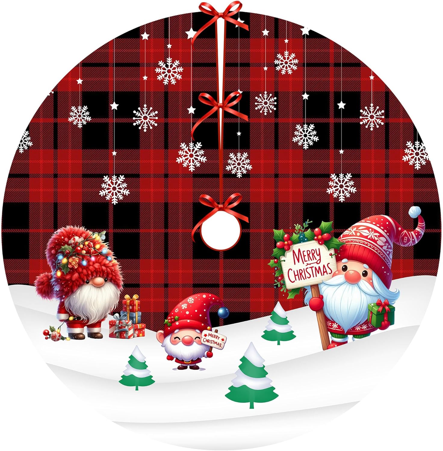 60 inch Red Plaid Gnomes Christmas Tree Skirt - Cartoon Gnome Xmas Snowflakes Tree Skirt - Large Christmas Tree Skirt - Christmas Tree Ornament