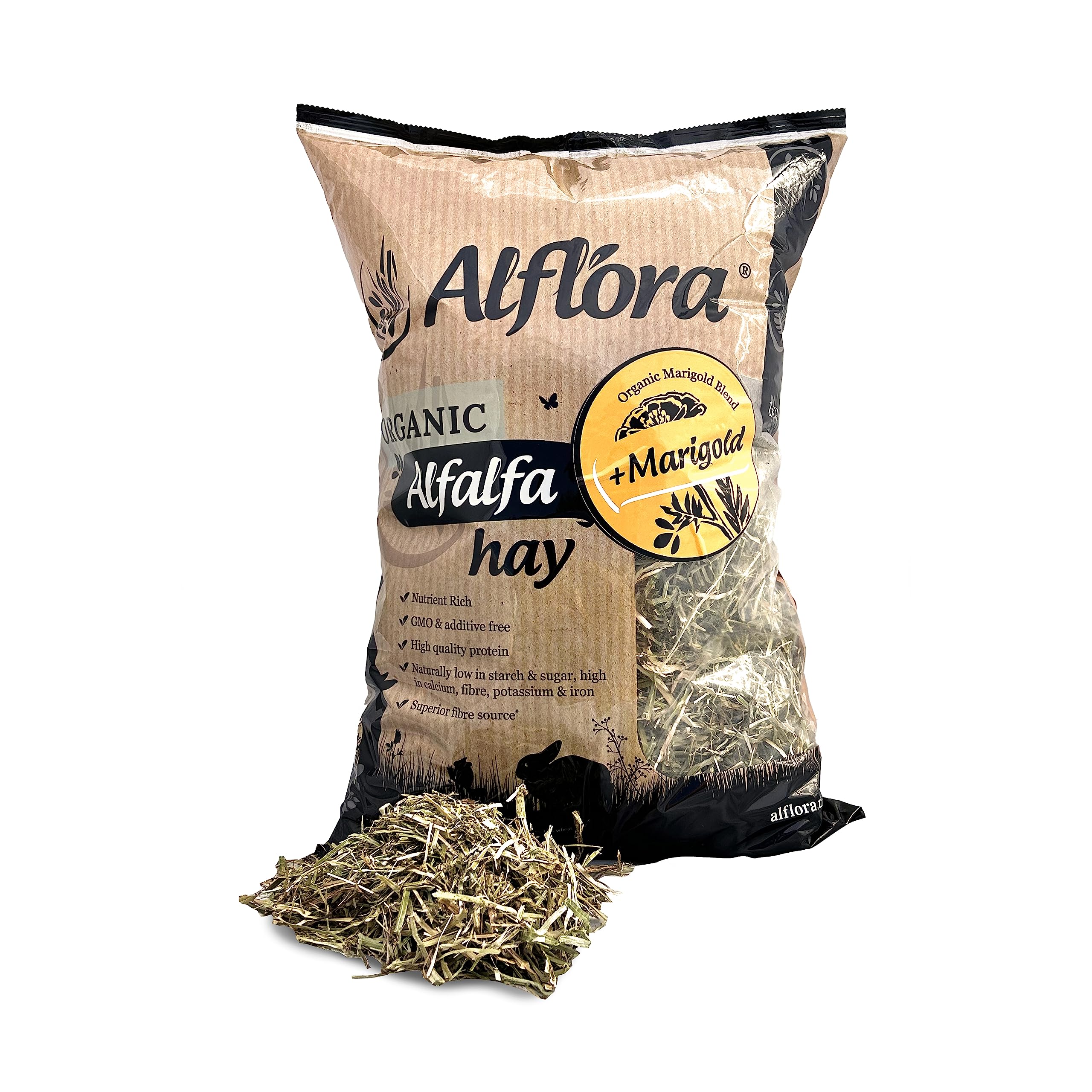 Alflora Organic 1KG Premium Alfalfa Meadow Hay With Marigold- 100% Natural - 16% Protein, Fibre and Nutrient Rich – Everyday Use Hay or Chaff - For Rabbits, Gerbils, Hamsters, Guinea Pigs