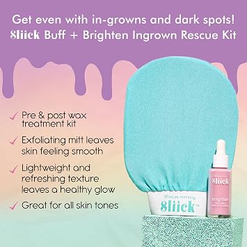 Sliick Buff + Brighten Ingrown Hair Treatment for Bikini Area Post Shave Serum & Exfoliating Mitt for Razor Bumps & Dark Spots, Ingrown Hair Serum, 1 fl oz