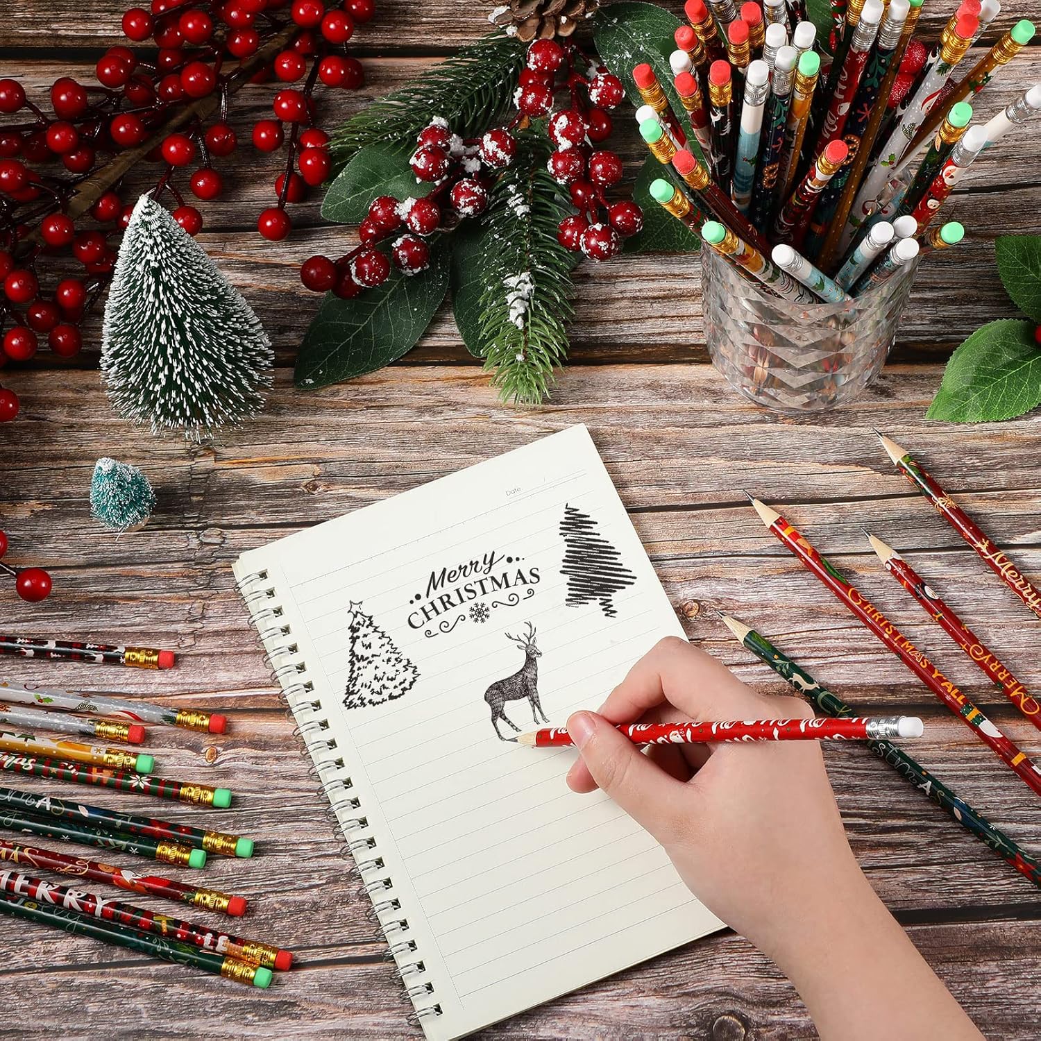 Pajean 100 Pieces Christmas Pencils Christmas Holiday Pencils with Erasers Xmas Wooden Pencils Santa Claus Elk Snowman Sleigh Stationery for Kids Christmas Party Supplies Gift