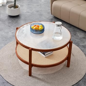 35" Double-Layer Living Room Coffee Table, Low Coffee Table with Horizontal Striped Glass, Accent Coffee Table with Imitation Rattan for Living Room Dining Room, Walnut