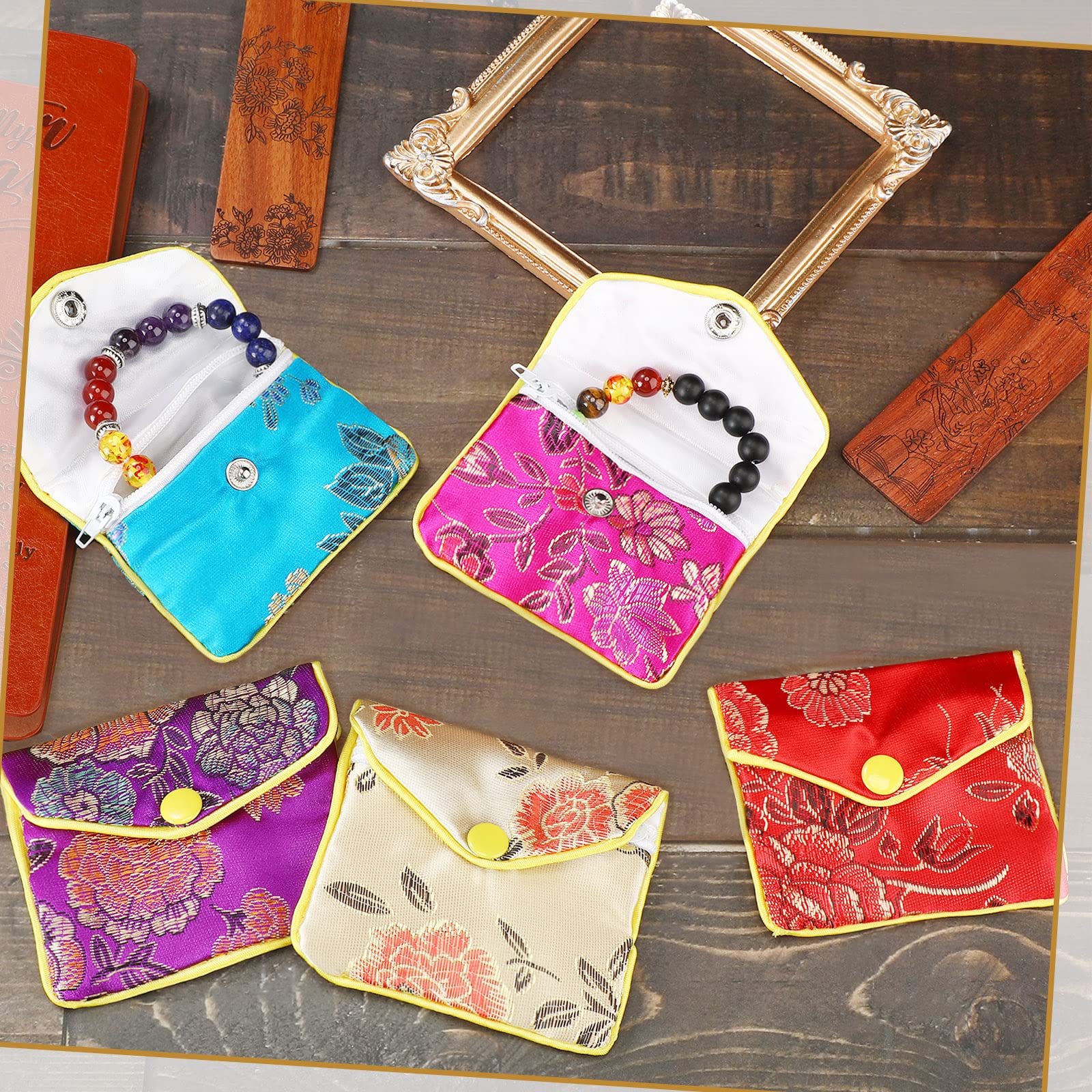 Zhengmy Lot de 50 petits sacs à main en soie brocart de style chinois avec fermeture éclair pour femmes, filles, colliers, boucles d'oreilles, bracelets, 5 couleurs