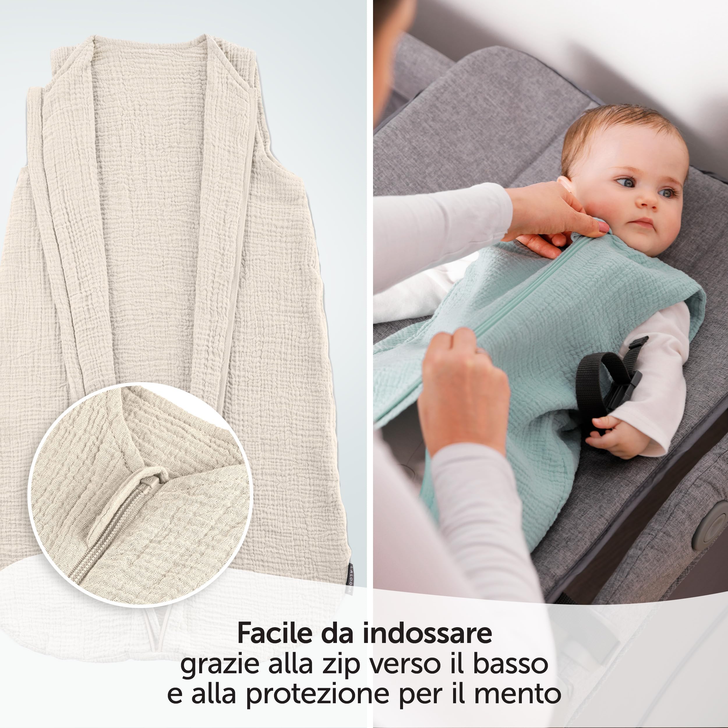 LaLoona Sacco Nanna Estivo Senza Maniche - Sacco a Pelo Estivo per Bambini Primavera/Estate, 0,5 TOG, 100% cotone, OekoTex Standard 100 - (Beige, 70 cm)