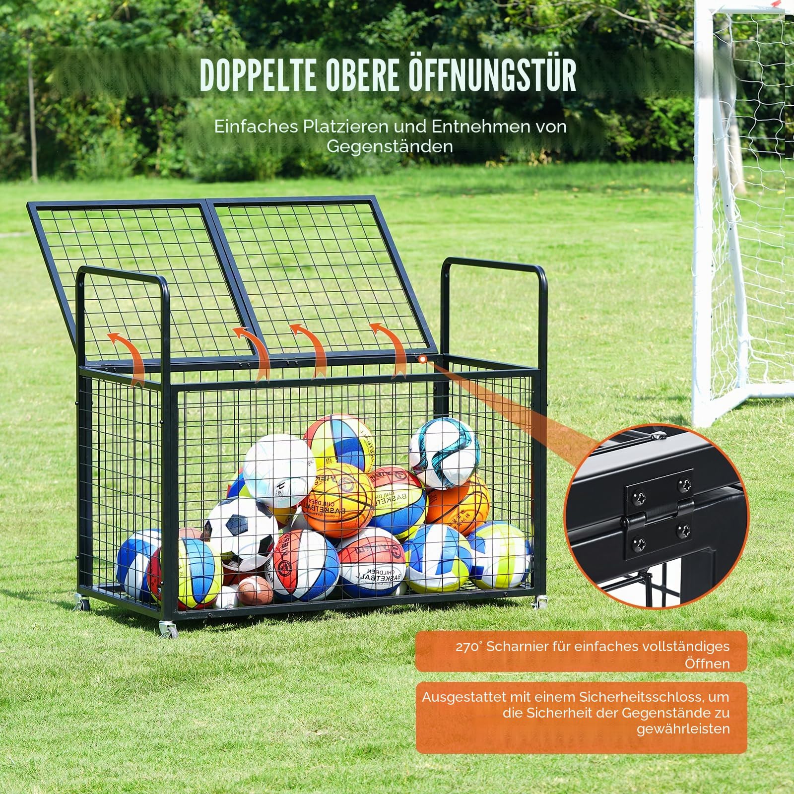 VEVOR Ballwagen Rollwagen 1150 x 610 x 912 mm Sportbällen, Abschließbarer Basketballkäfig Ballkäfig, Sportausrüstung für den Innen- und Außenbereich, Rollbar Aufbewahrungswagen aus Stahl für Garagen