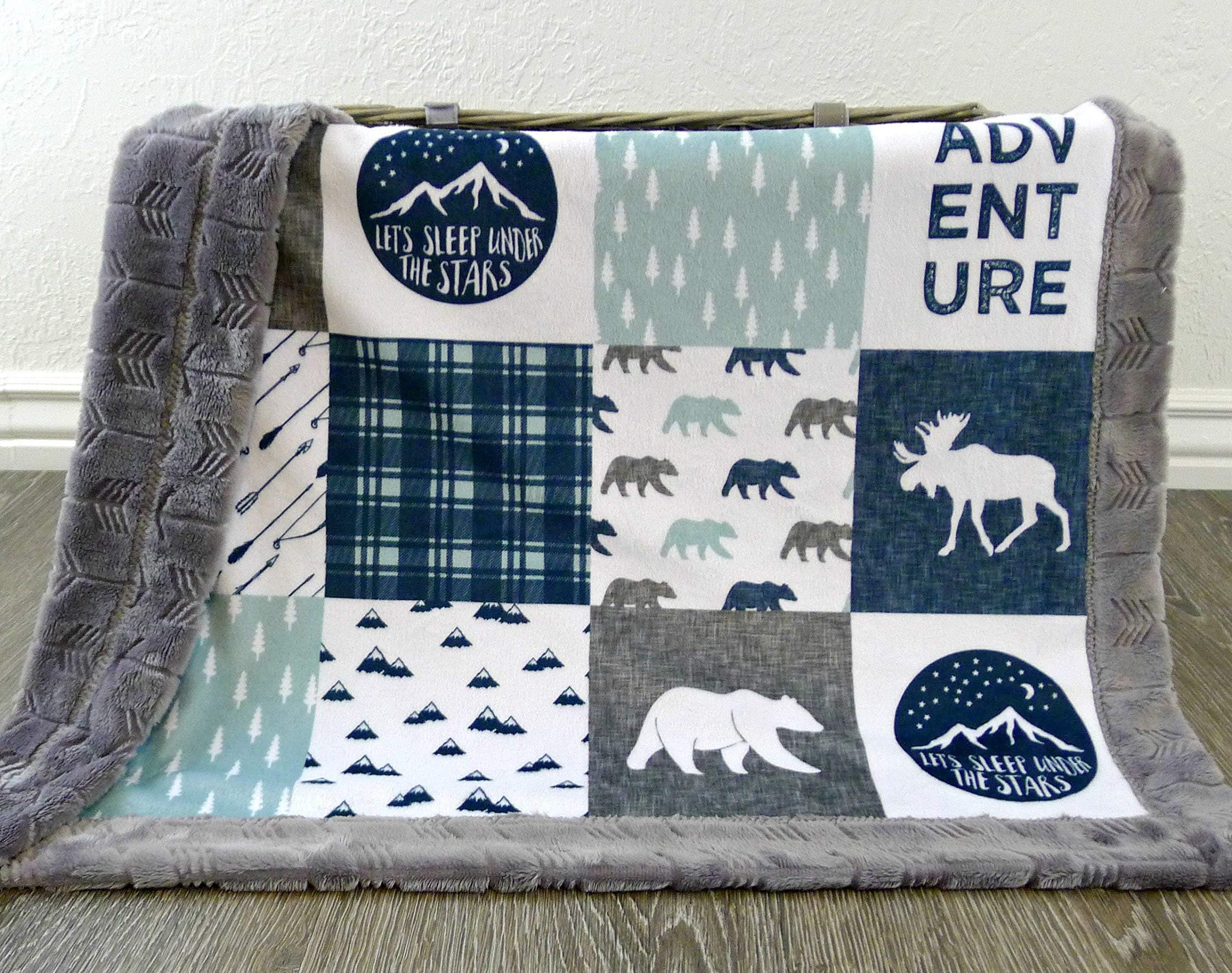 Moose Baby Blanket - Bear Baby Blanket - Minky Baby Blanket - Woodland Blanket -Baby Blanket - Nursery Decor - Crib Bedding - Faux Patchwork -Blue