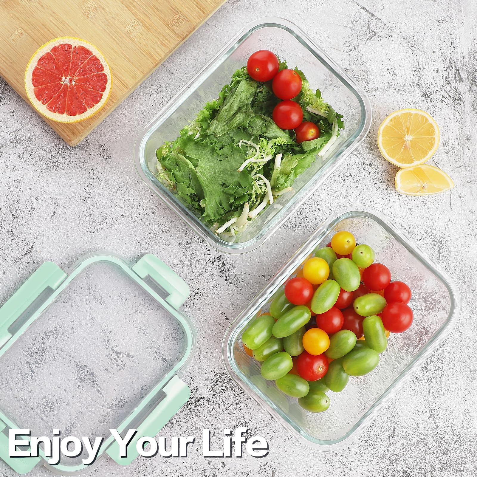 HOMBERKING Set di 12 contenitori per alimenti in vetro con coperchio, contenitori in vetro per la preparazione dei pasti, scatole bento ermetiche, senza BPA e a prova di perdite, per dispensa da