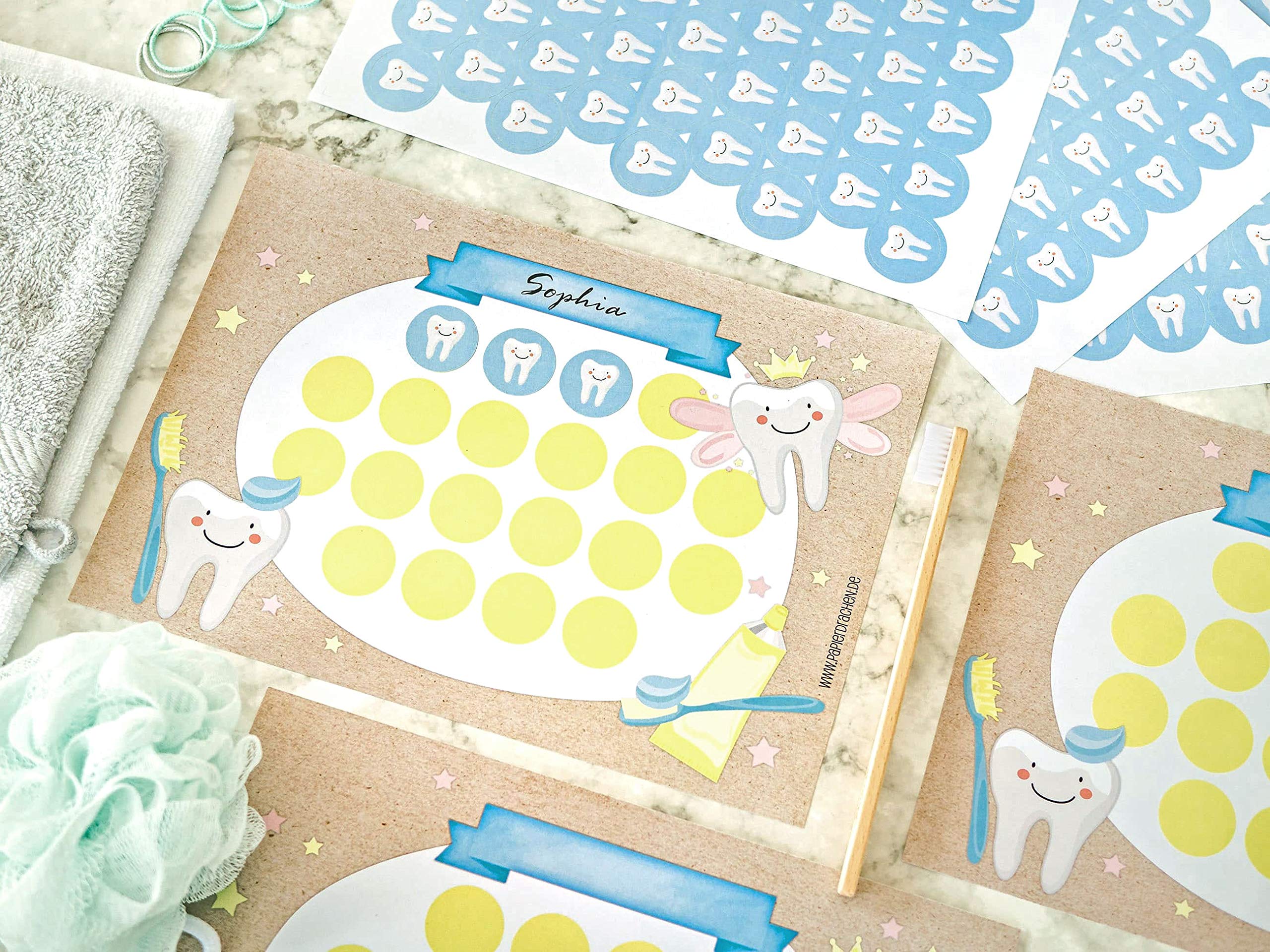 PaPIerDraCHeN Set di grafici delle ricompense per Bambini Come Blocco a Strappo 10 Fogli - Concetto motivante - con Grandi Adesivi per Bambini e Bambine - Motivo per lavarsi i Denti 1 Set 10
