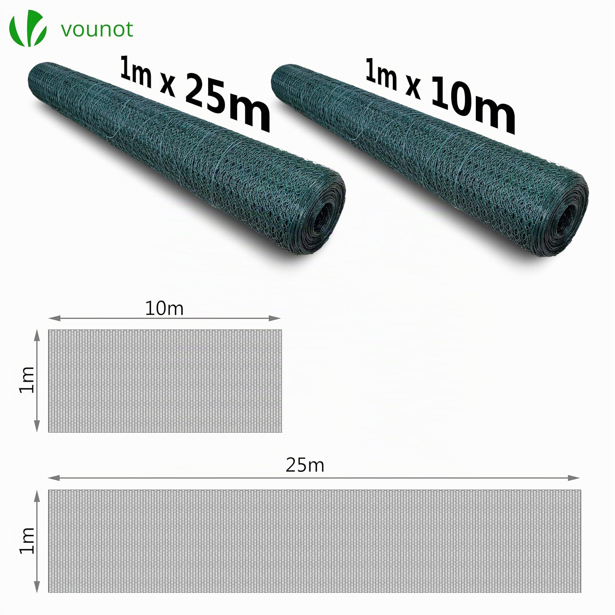 VOUNOT® Maschendrahtzaun Sechseckgeflecht, Drahtzaun Hasendraht Kaninchendraht Hühnerdraht, Maschenweite 13 mm, Höhe 100 cm, Länge 25 m, PVC-Beschichtet Grün