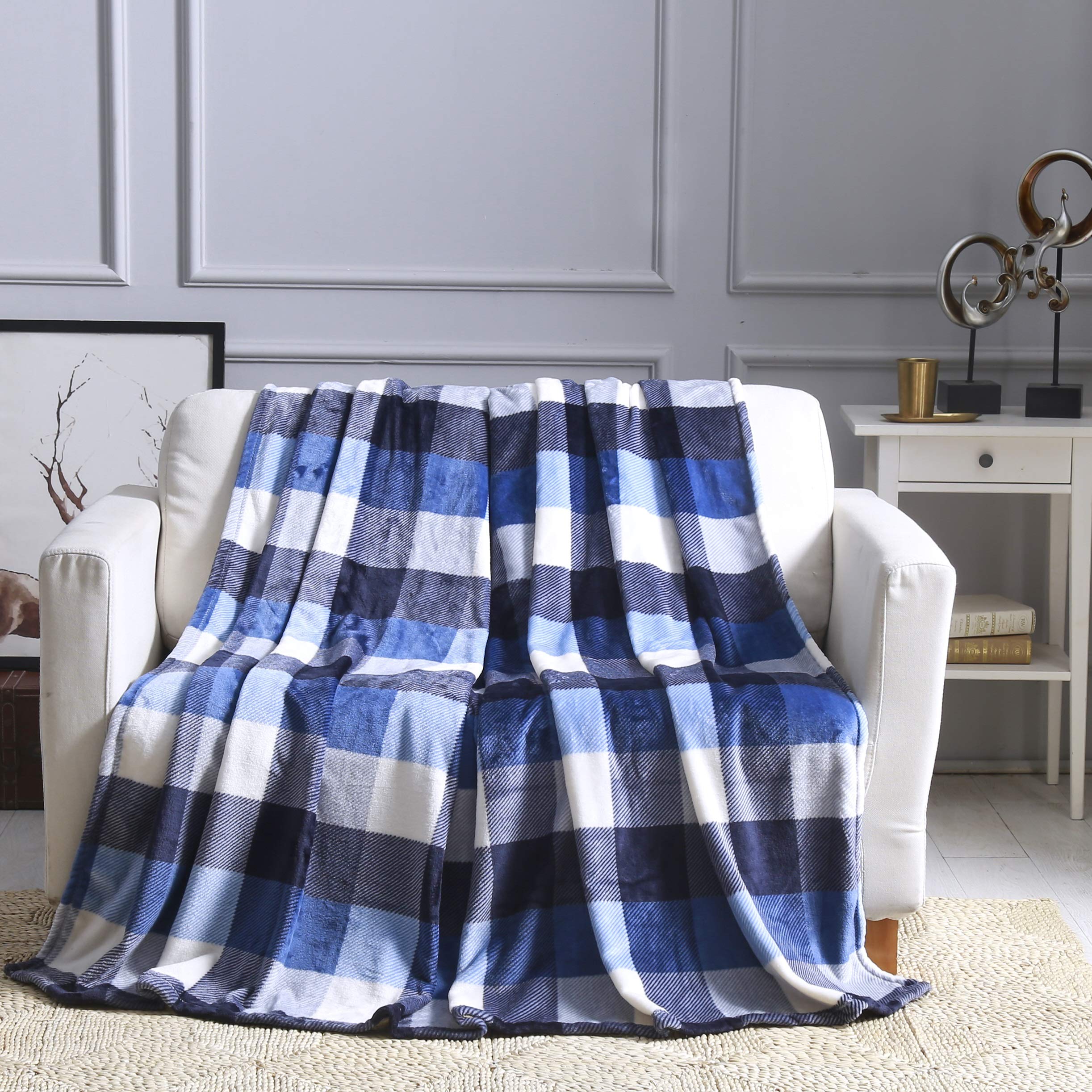 All American Collection Super Soft Ultra Comfort Plush Microfiber Solid Throw Blanket for Couch Home Bedroom Living Room (Queen, Beverly Blue-Black)
