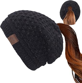 Muryobao Ponytail Beanie for Women Winter Warm Cotton Lined Messy Bun Benaie Hat Chunky Stretchy Knit Skull Cap Black