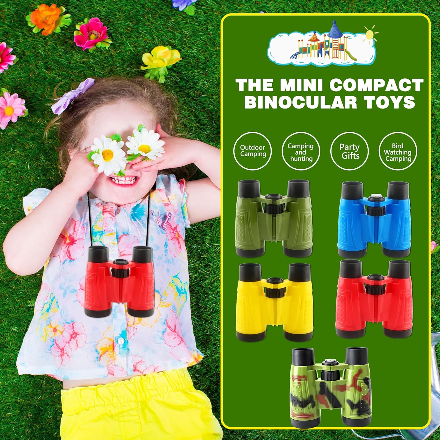 10 Pack Jungle Safari Binoculars Multicolor Small Compact Binoculars Army Toy with Compass and Neck String for Kids Camping Adventure Bird Watching Birthday Party Favors, 5 Colors
