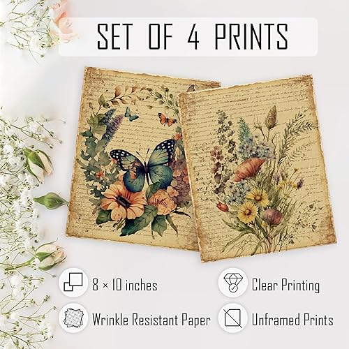 Miniatura 7 de HRQKO Juego de 4 pósteres de arte de pared de mariposa floral vintage, arte de pared floral, arte de pared retro, póster de impresión de mariposas