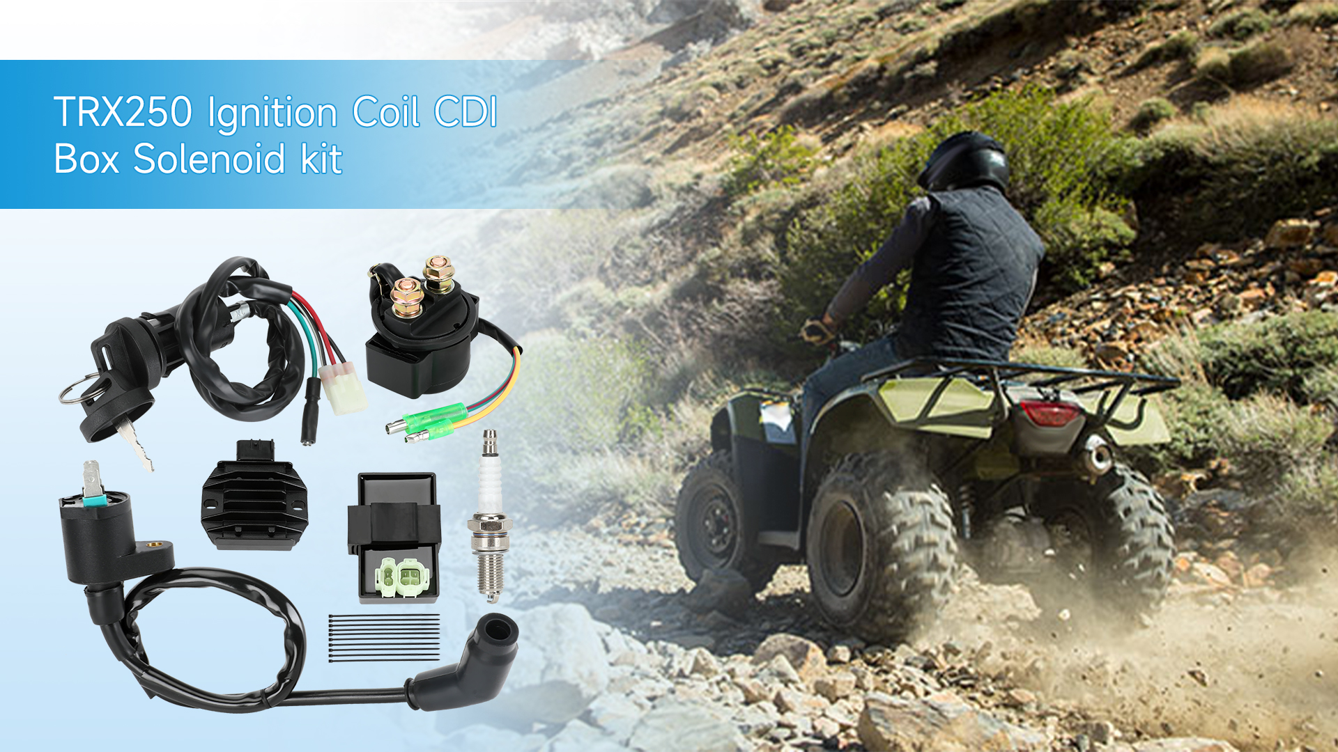 Image of EOPOAYI Recon 250 Ignition Coil Switch Starter Solenoid Relay Kit Compatible with TRX250 Fourtrax 200 ATV TRX250EX TRX250TM TRX250TE 1997-2021 Quad 4 Wheeler Parts with Voltage Regulator CDI Box